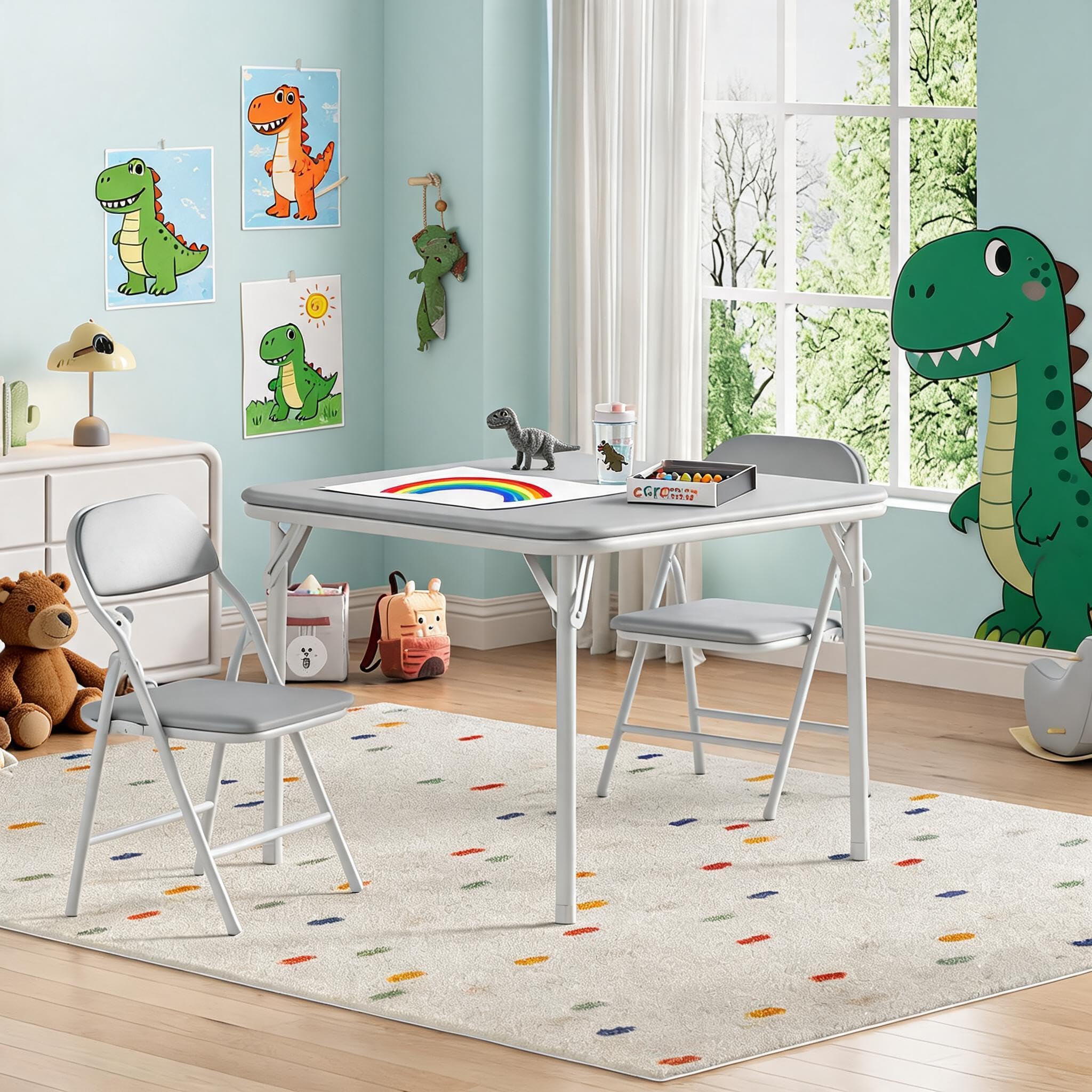 Kids Folding Table and Chairs Set – 3 Piece, Grey, 1 Table + 2 Chairs
