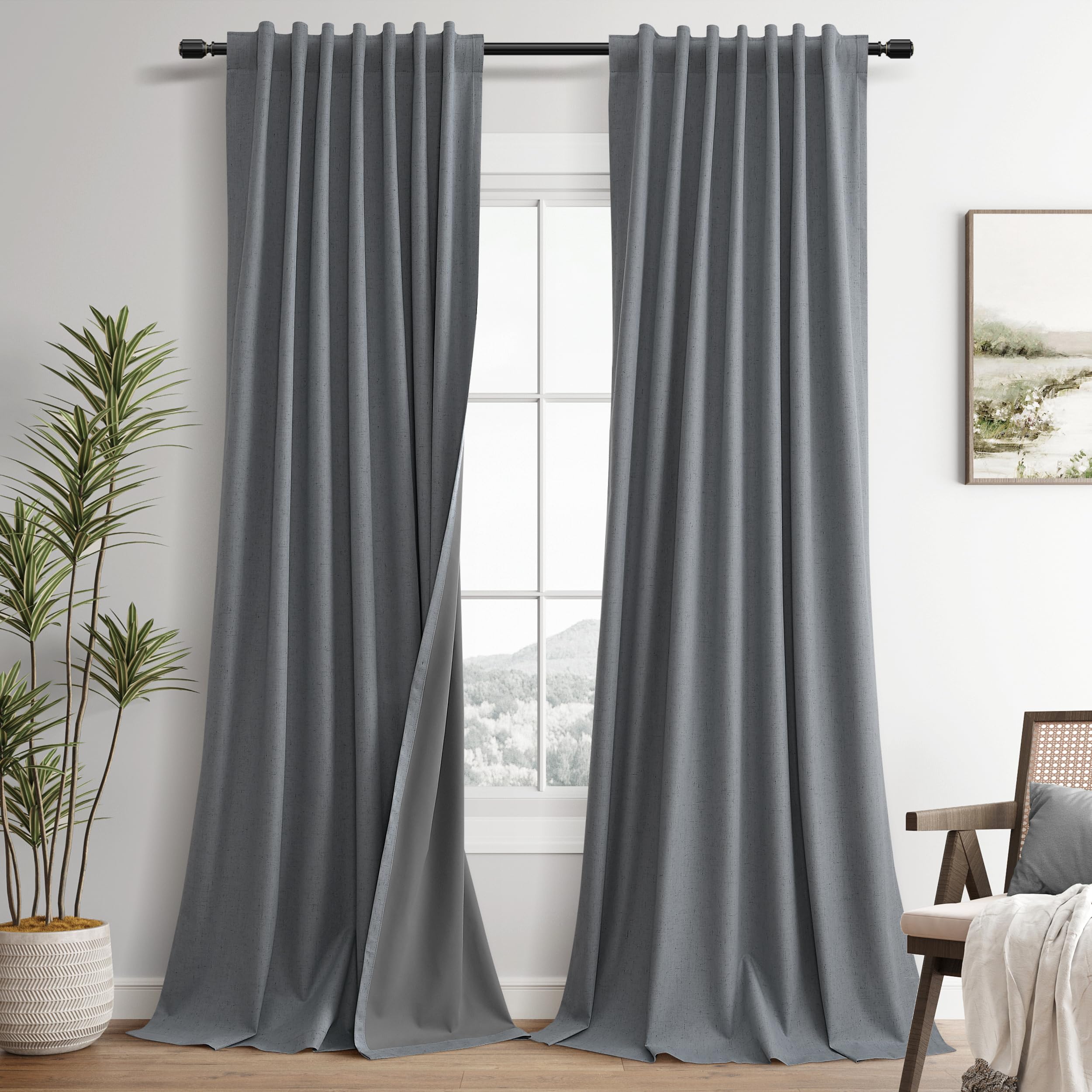 Grey 100% Blackout Linen Curtains for Bedroom 120 Inches Long Back Tab Textured Black Out Room Darkening Thermal Insulated Curtain for Room Divider