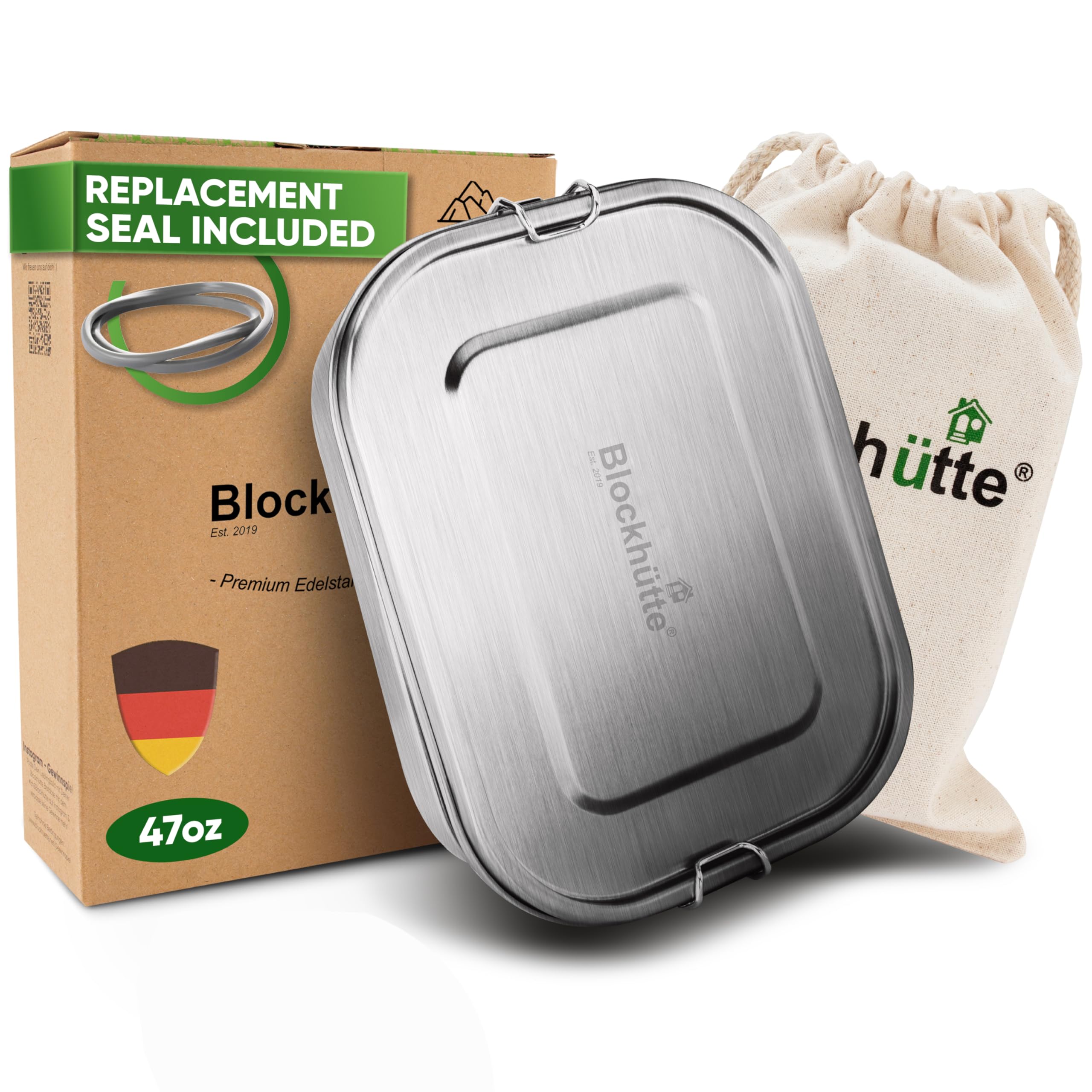 Blockhütte Stainless Steel Lunch Box I 47oz I Durable Metal Bento Box for Adults & Kids I Leak-Proof, Reusable, with 3 Compartments I For Work, School, Travel, Meal Prep On-the-Go I Dishwasher safe