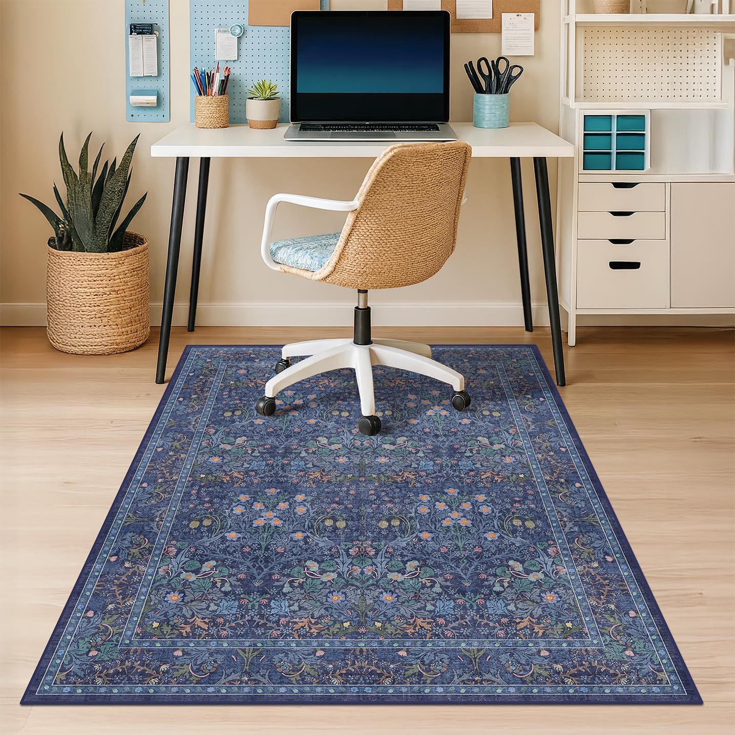 36"x48" Boho Dark Blue Office Desk Chair Mat for Hardwood Floor, Under Desk Rug with Non-Slip Rubber Backing, Small Computer Chair Rug for Heavy Duty Office Chair, Machine Washable (3x4 Navy Blue)