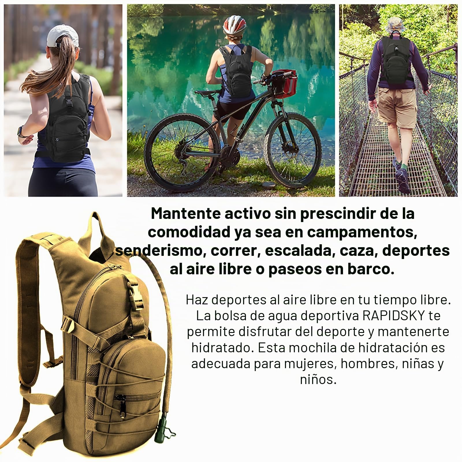 La Mochila táctica RAPIDSKY con Bolsa de Agua de 3 litros, diseño de Gran Capacidad, Unisex, Ideal para Senderismo/Ciclismo/Carrera/Caza.