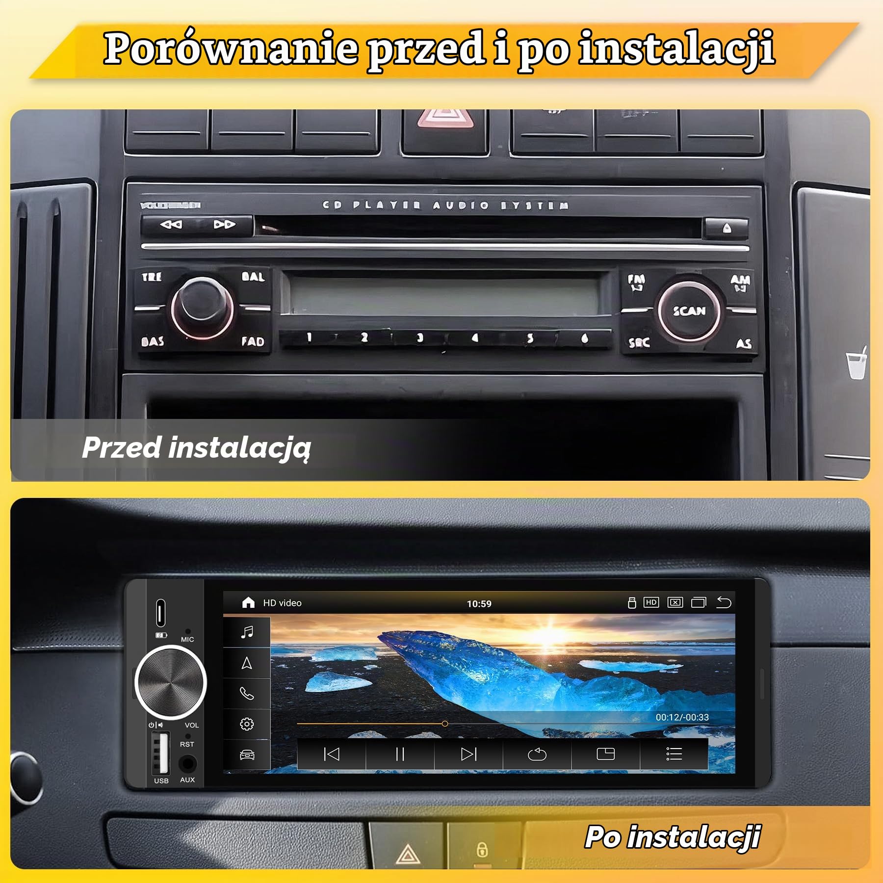 Radio samochodowe z ekranem, Single-DIN, bezprzewodowe CarPlay i Android Auto, 6,28-calowy ekran dotykowy z Bluetooth, WLAN, MirrorLink, radio FM, sterowanie z kierownicy, korektor, złącze USB-C