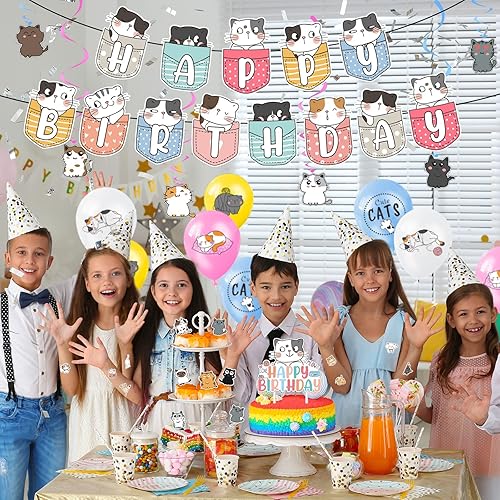 Miniatura 7 de 106 piezas de decoración de fiesta de cumpleaños con temática de gato, suministros de fiesta de cumpleaños para niños y niñas, incluye pancarta de