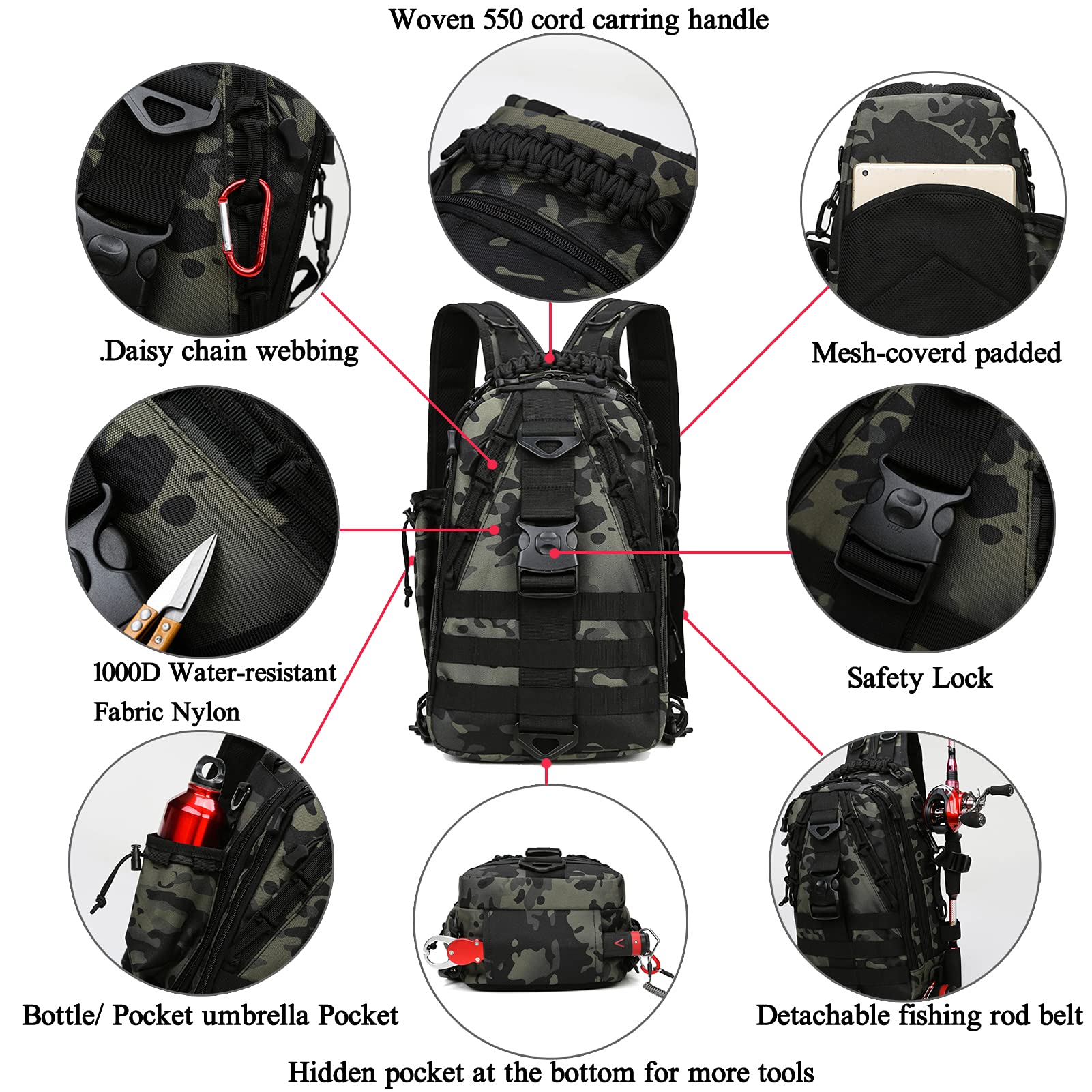 Mochila de almacenamiento para aparejos de pesca – Bolsas de pesca resistentes al agua al aire libre mochilas con correa de caña de pescar (grande (16.3412.95.71 cm) – camuflaje negro