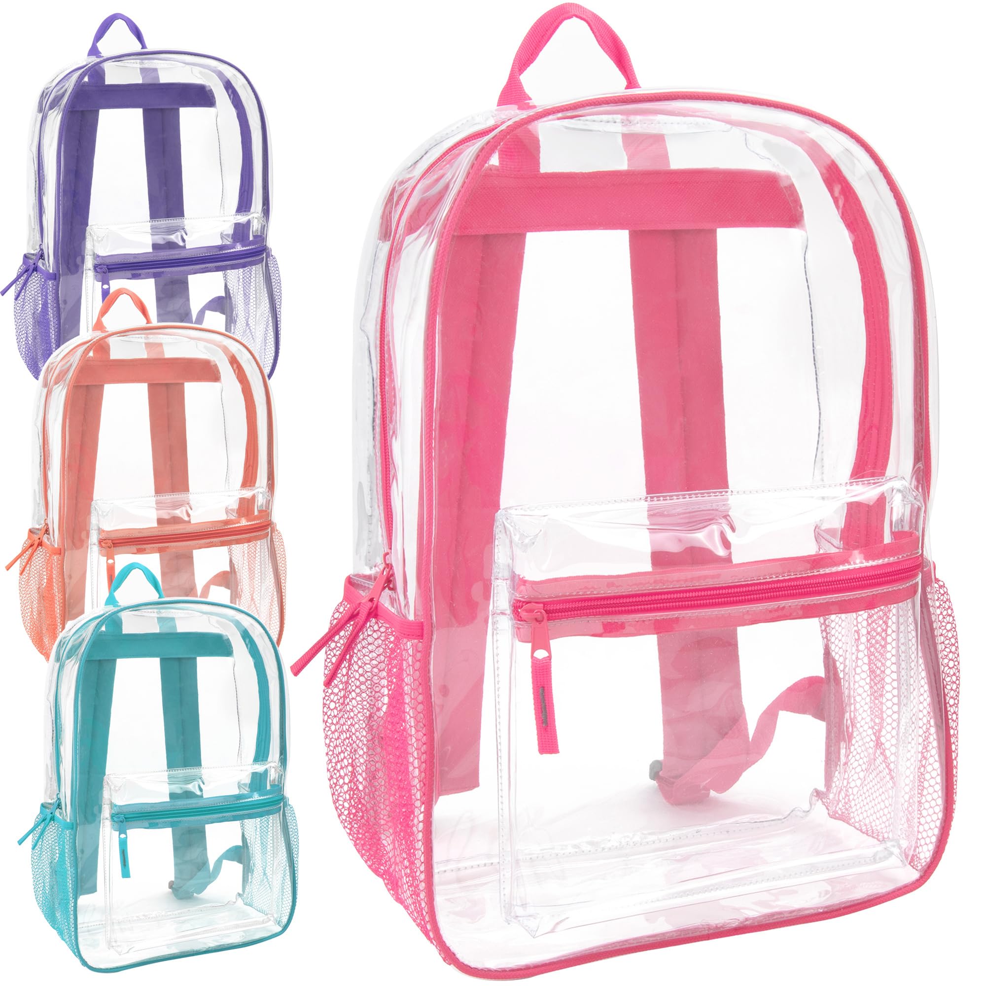 Bulk Clear Backpacks Wholesale for School 24 Pack Clear Backpacks for Boys, Girls, School, Stadium, Travel (Assorted Colors Girls Pack)