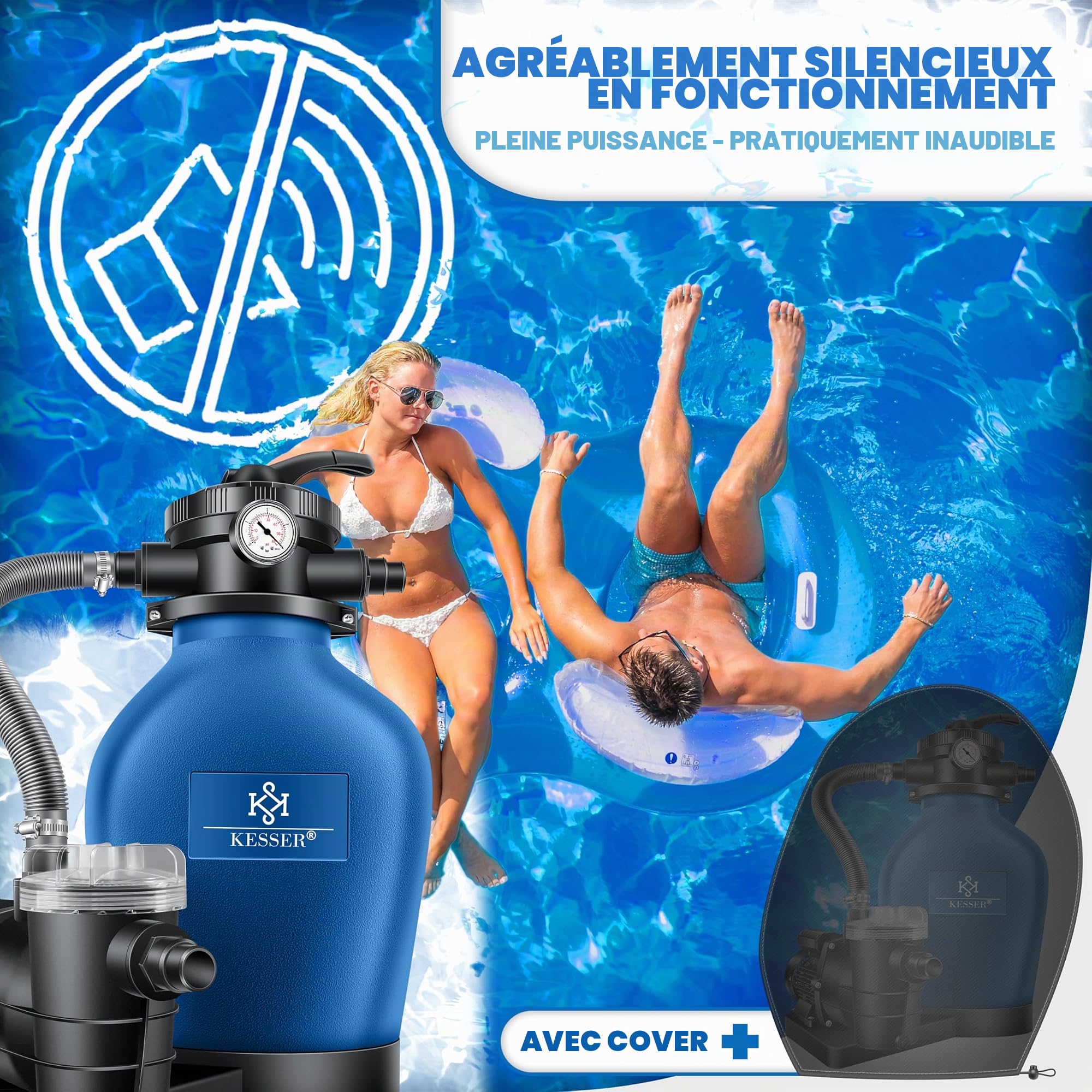 KESSER Filtre à sable avec pompe et balles filtrantes de 1200 g | Filtre de piscine 600 W | Filtre à sable pour piscine 13200 l/h | Volume du réservoir jusqu'à 30 kg de sable | Valve 7 voies avec