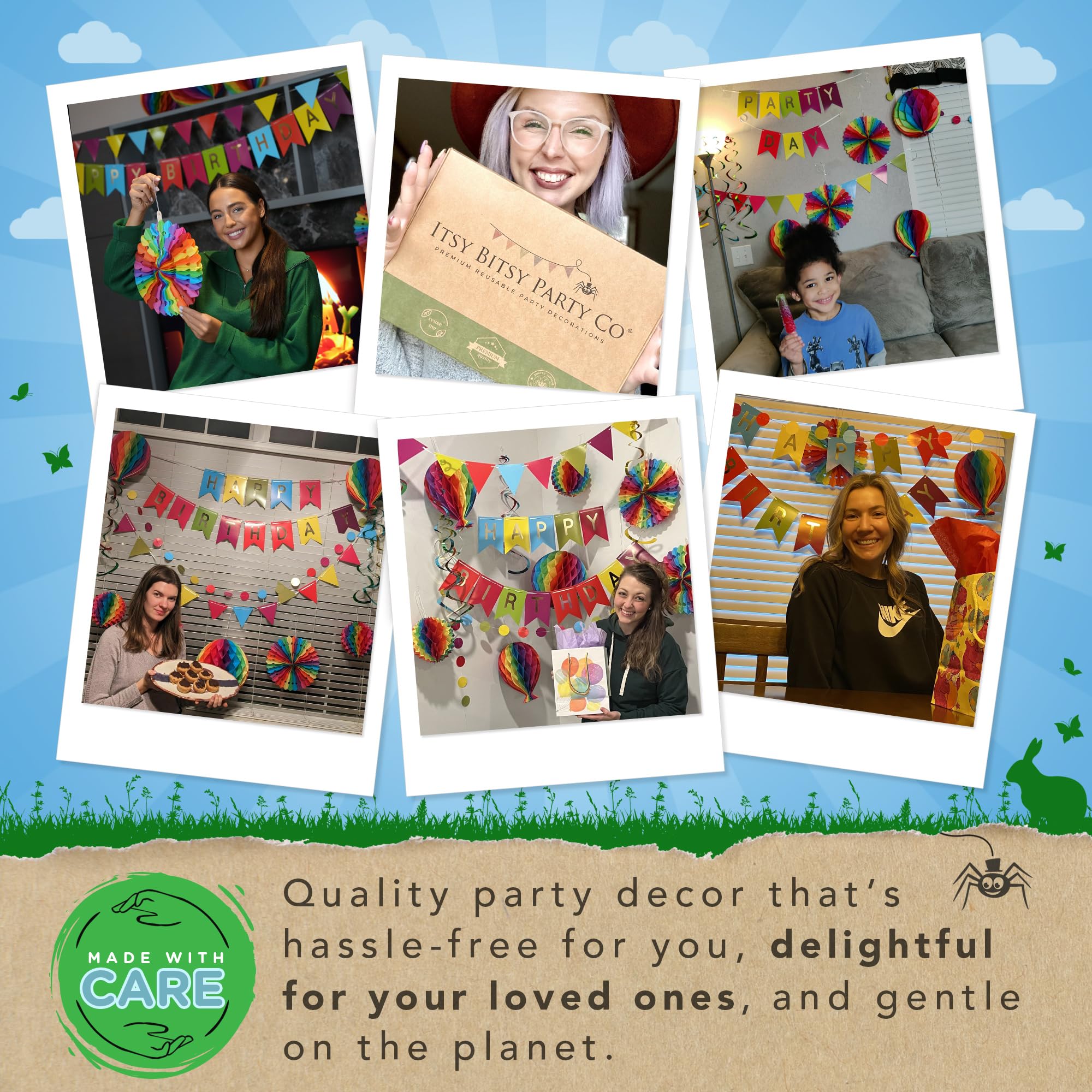 Premium Reusable Happy Birthday Decorations - Colorful Rainbow Birthday Decorations for Kids, Women, and Men - Multi-occasion Banner, Pennant Banner, Paper Fans - Party Decor by Itsy Bitsy Party Co