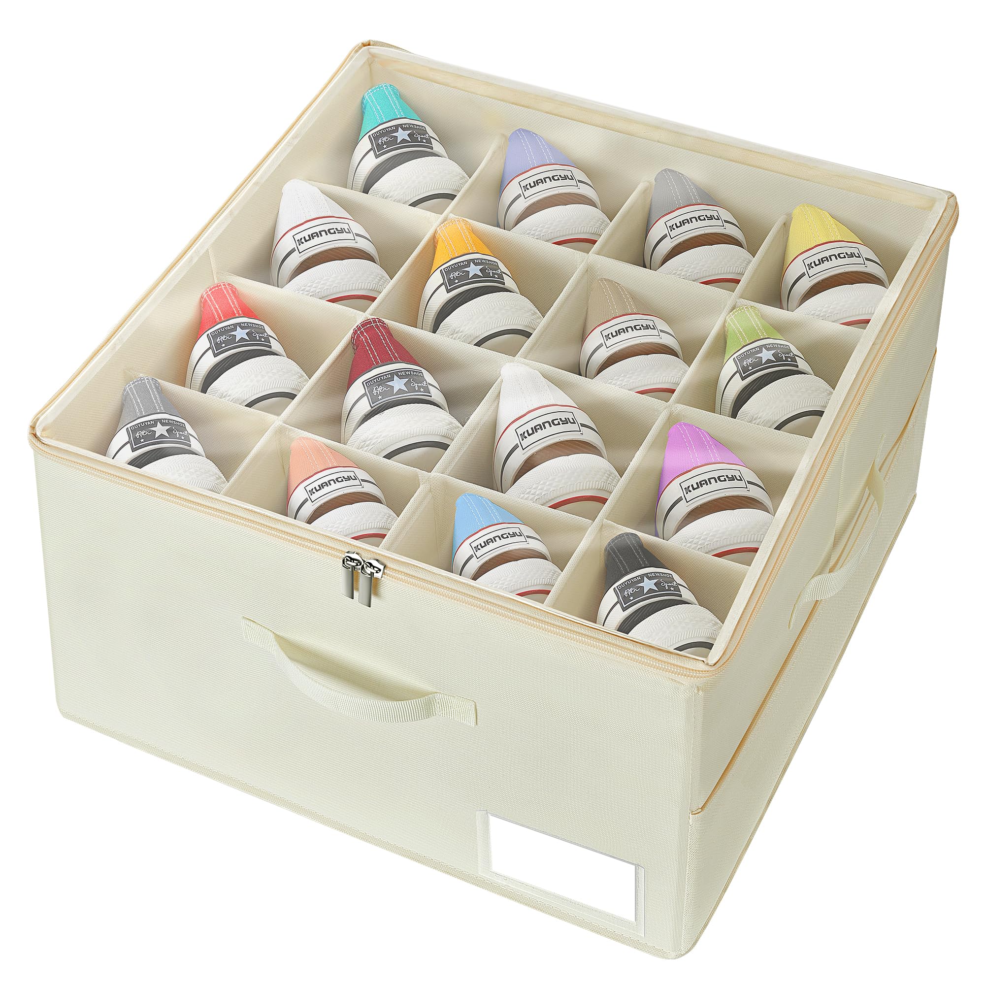 Shoe Organizer for Closet, Large Shoe Box Storage Containers Fits 16 Pairs, Shoe Storage Bins with Clear Cover and Adjustable Dividers, Space Saving Shoes Holder, Stackable (Beige)