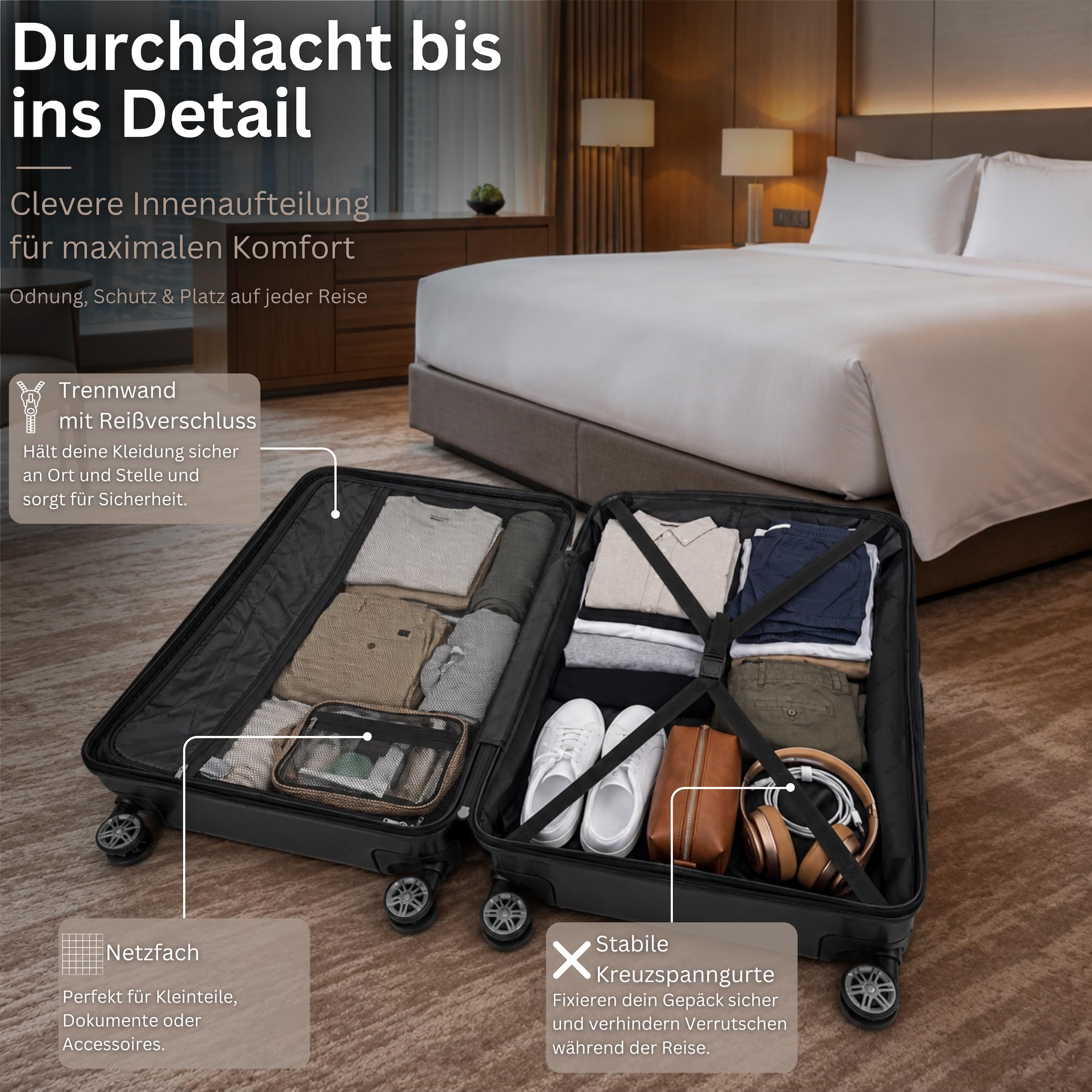 NOWI Hartschalenkoffer XL Groß - 100L Volumen - 158cm Gurtmaß - 8 Rollen 360° drehbar - Leichter Koffer mit Zahlenschloss & Teleskopgestänge - Reisekoffer mit Rollen, Trolley (schwarz, XL)