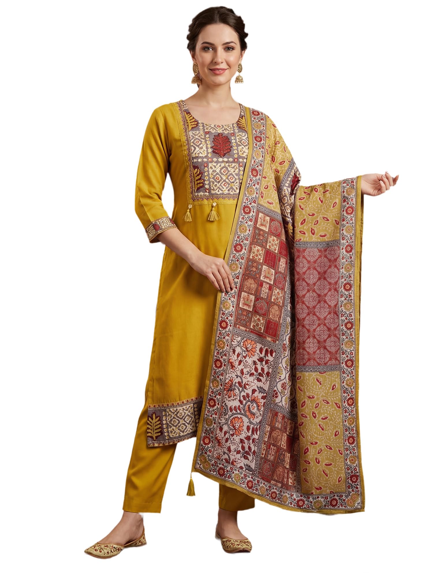 indo era Women's Cotton Blend Geometric Printed Thread Work Kurta & Pant with Dupatta Set (RRAI12250)-picture-34