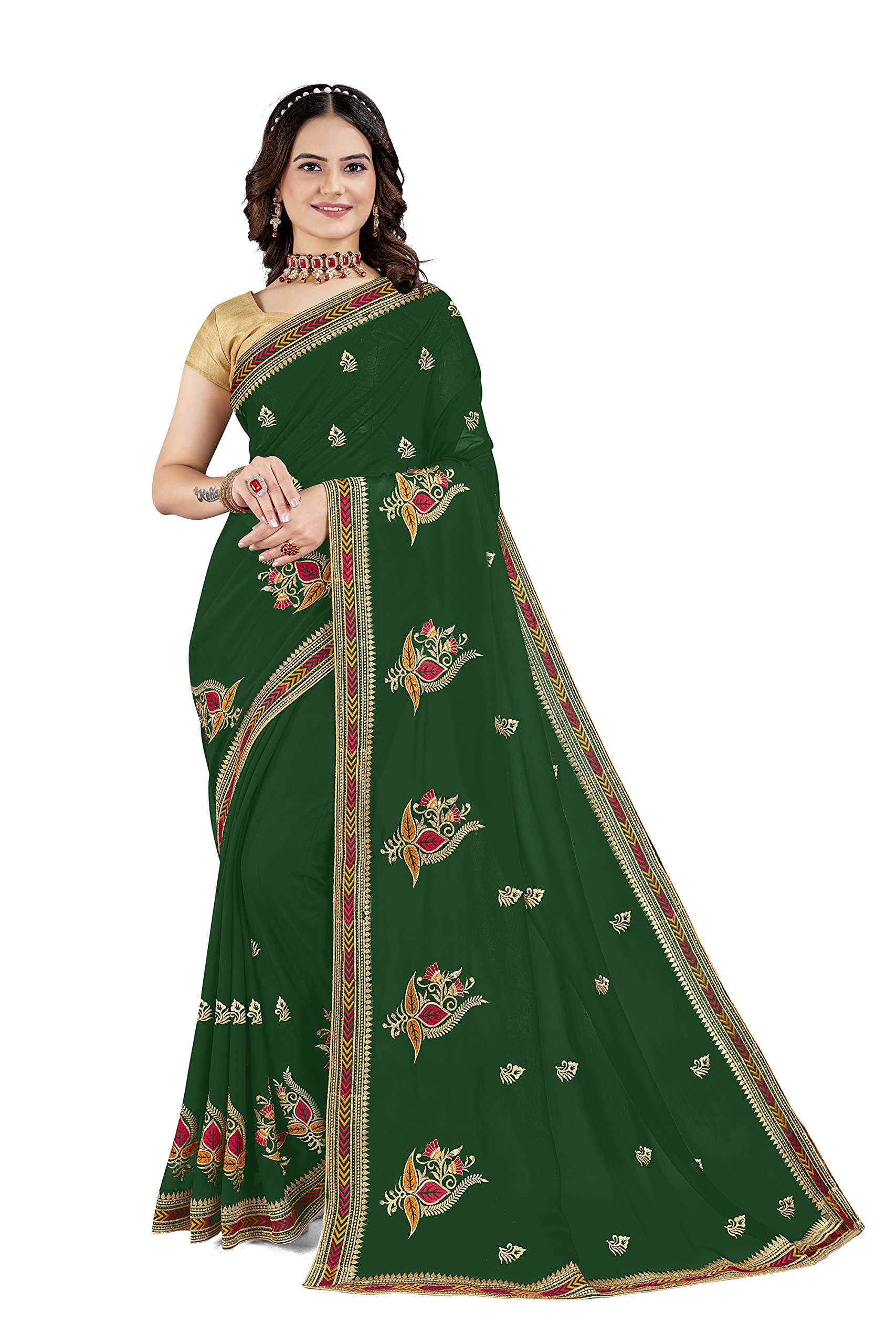 NILKANTH CREATIONWomen's Wear Heavy Georgette Embroidery Jari Work with Swiroskey Diamond Saree with Unstich Blouse Piece