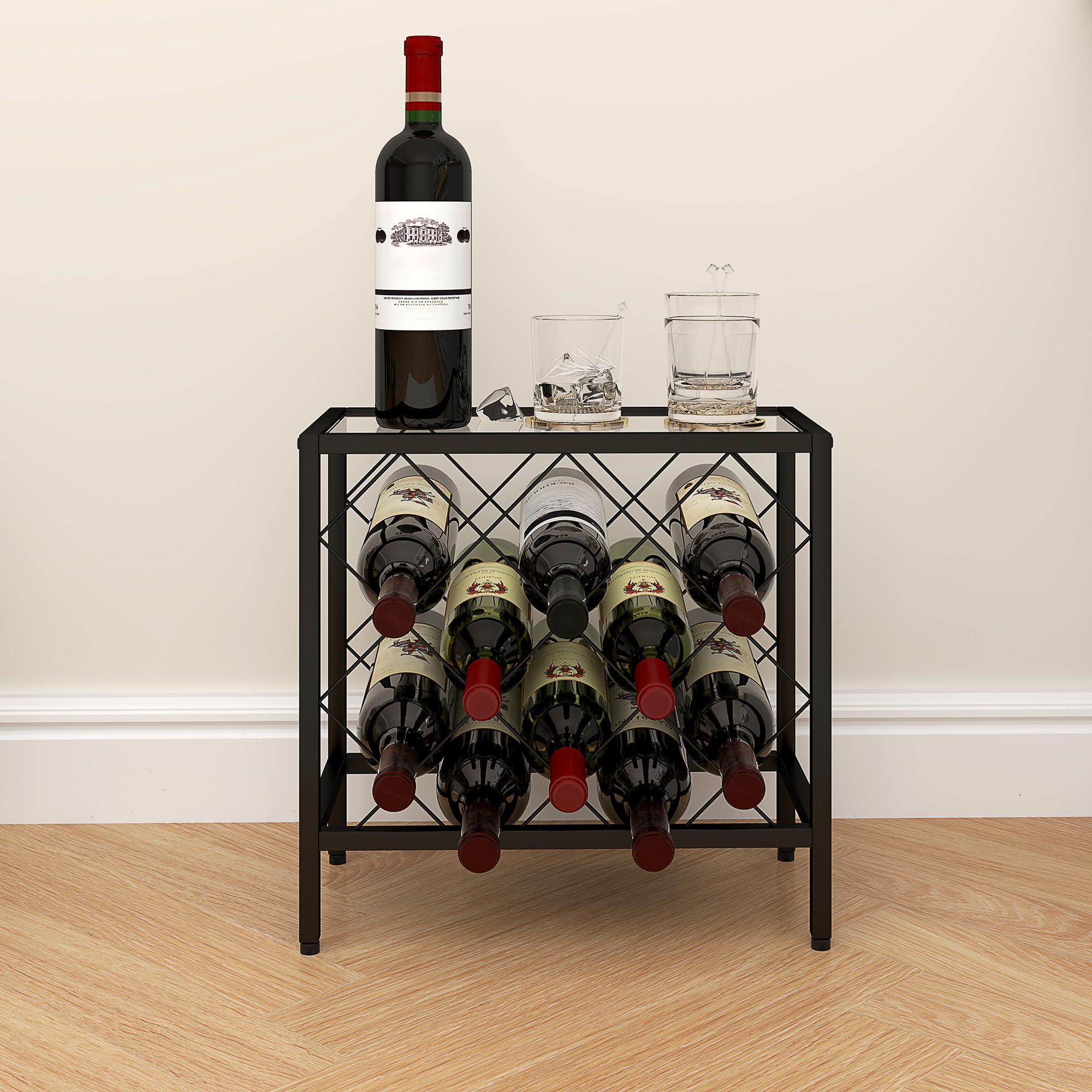 HOMCOM Portabottiglie Vino 10 Bottiglie Cantinetta 41x22x41 cm Nero | Piano d'Appoggio in Vetro Temperato, Portabottiglie in Acciaio, Cucina, Dispensa, Cantina, Bar