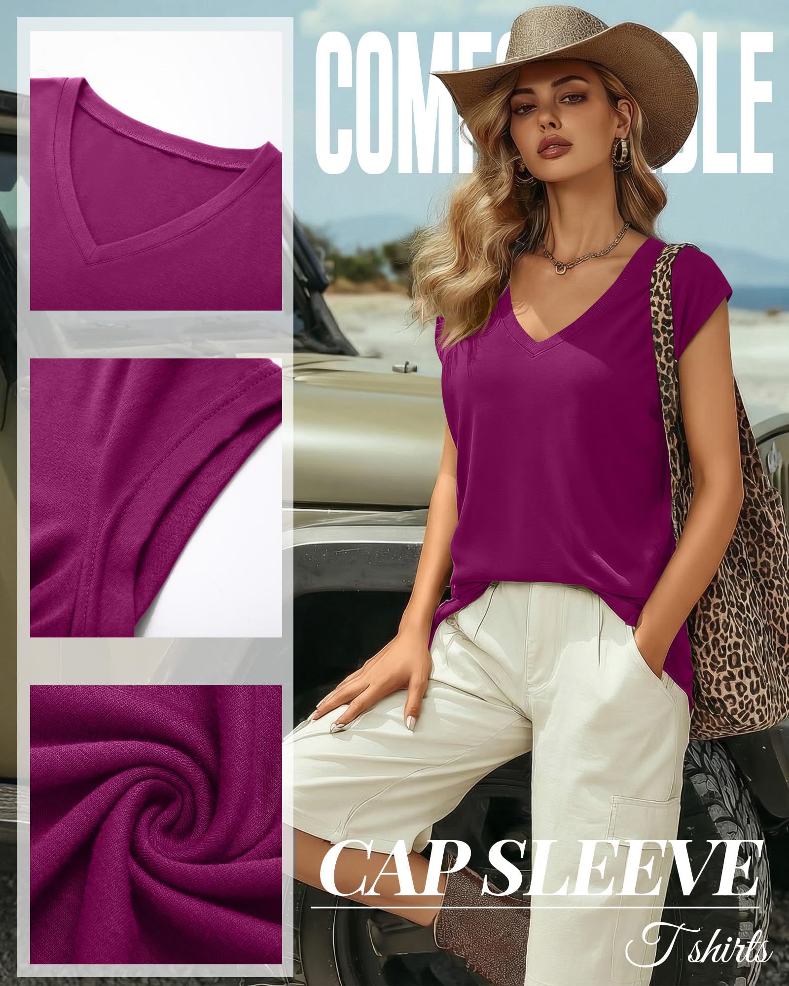 Geyoga 3 Camisetas Mujer Cuello V Manga Casquillo