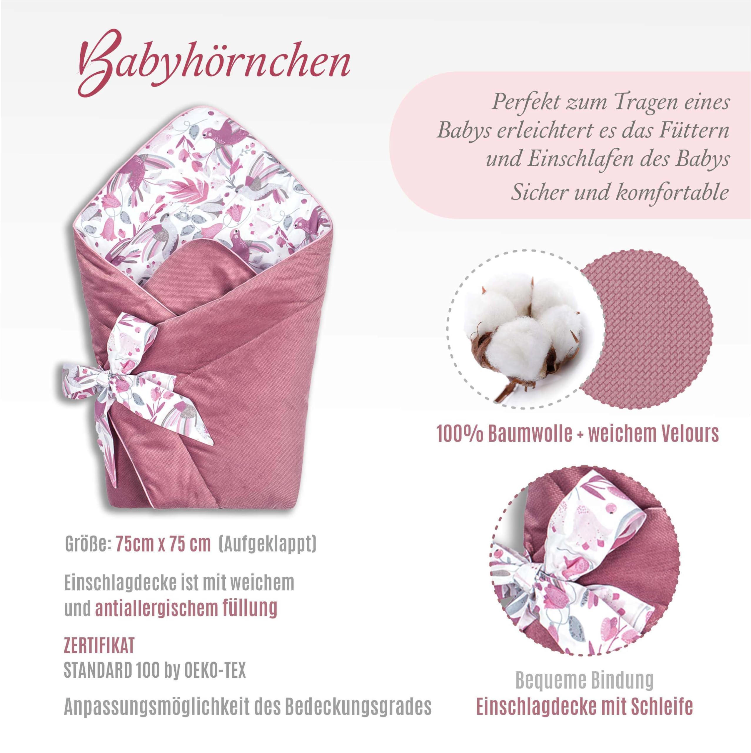 Pepi - Babynestchen Set Babynest 2in1 - Kegel aus 100% Baumwolle und Samt- Schlafsack Baby Abdeckhaube - Pucksack Baby Pucktuch - Pucktuch Baby - cottone&Velvet (Hummingbird Old rosa)