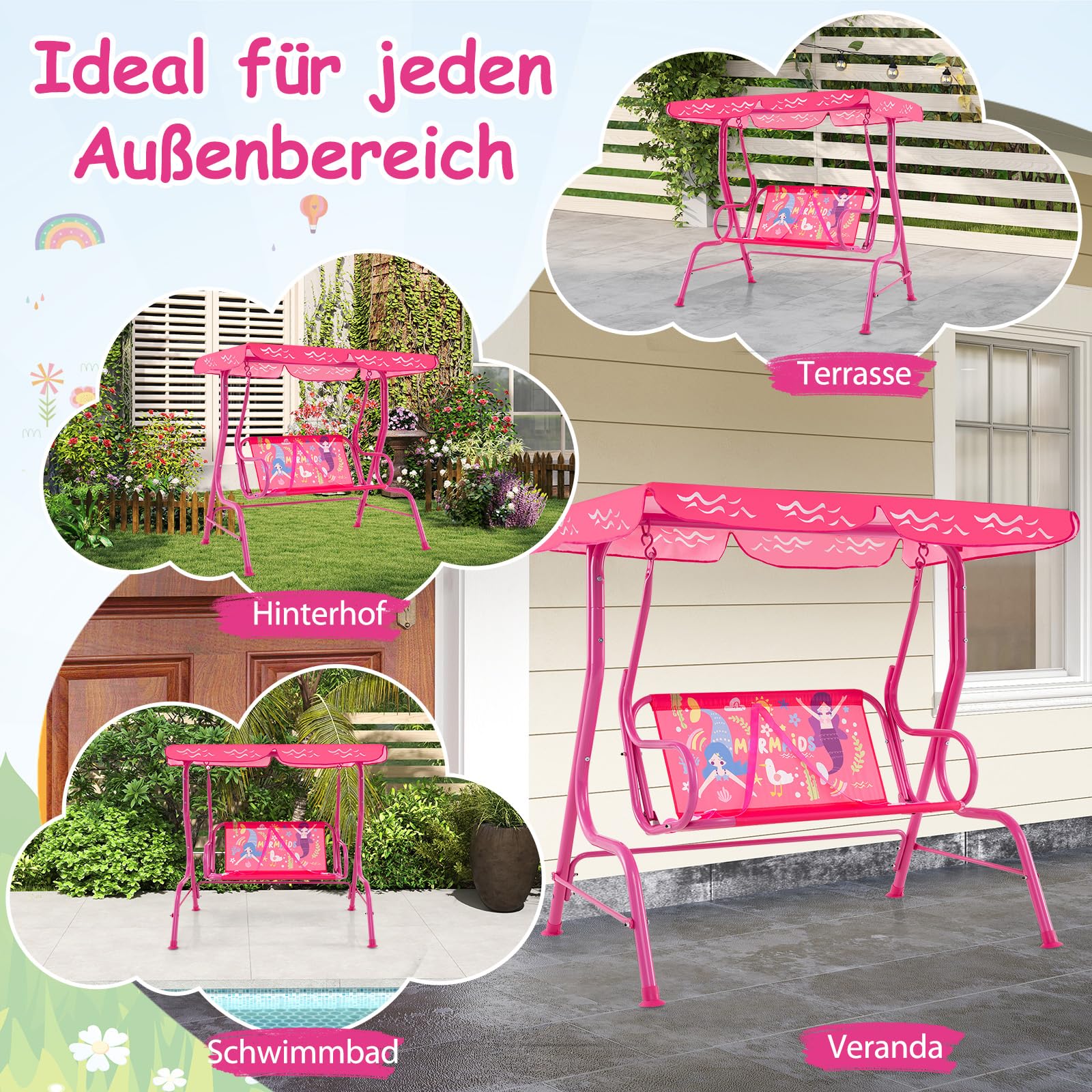 DREAMADE 2-Sitzer Kinder Hollywoodschaukel, Kinderschaukel mit verstellbarem Dach, Metallständer & Sicherheitsgurten, Outdoor-Schaukelsitz für Hinterhof, Garten, Balkon (Rosa)