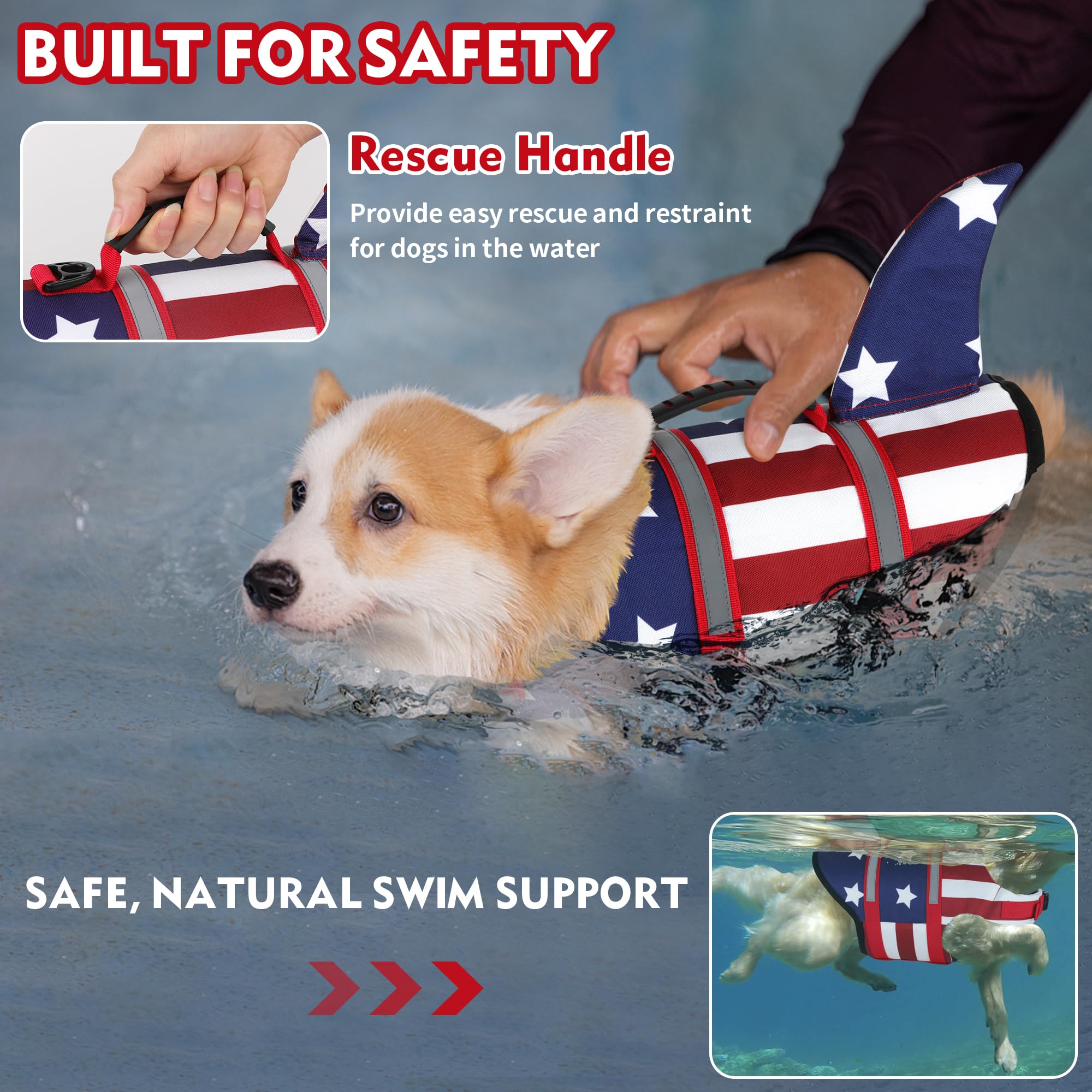 Dogcheer Gilet de sauvetage pour chien, motif requin, drapeau américain, gilet de sauvetage pour chien, flottabilité élevée et poignée de sauvetage, gilet de flottaison réglable pour chiens de petite,