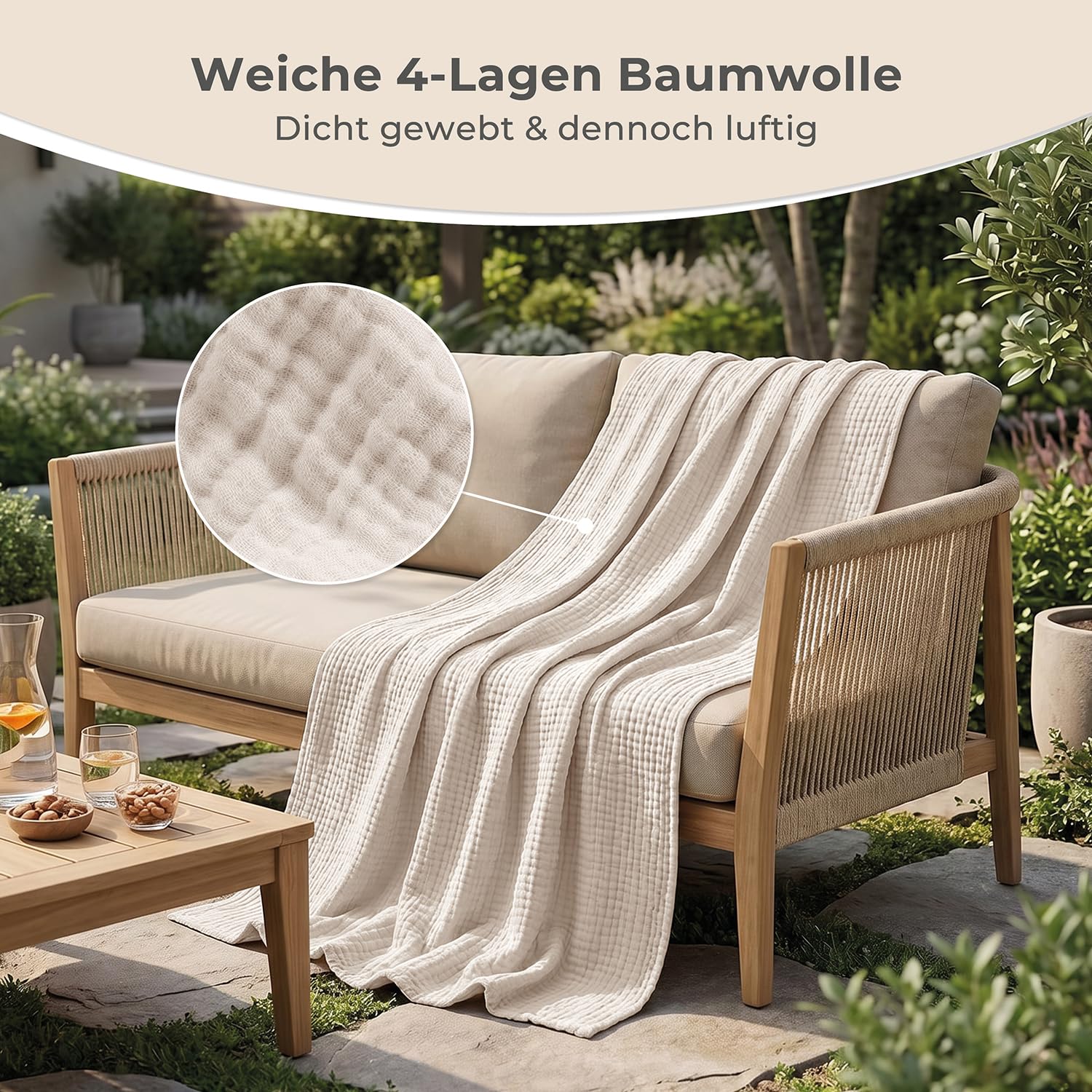 LAYNENBURG Premium Musselin Tagesdecke 180x220 cm - 100% Baumwolle - extraweiche Baumwolldecke als Kuscheldecke, Bett-Überwurf, Sofa-Überwurf, Couch-Überwurf - warme Sofa-Decke (Creme)