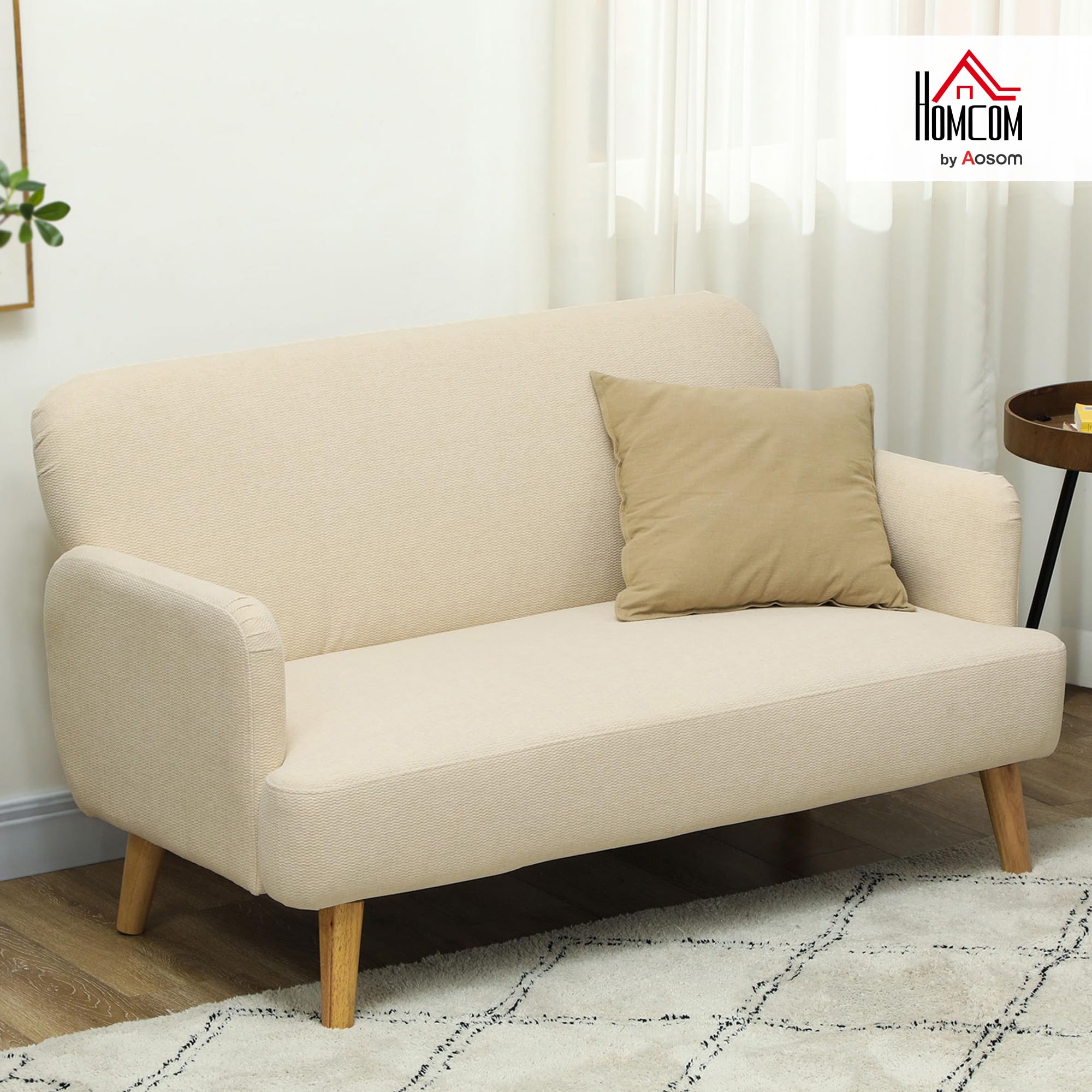 HOMCOM Divano 2 Posti Moderno Scandinavo in Tessuto con Braccioli, Divanetto 2 Posti con Imbottitura di 21 cm Gambe in Legno per Soggiorno, Salotto, Casa e Ufficio, 140x74x79 cm, Bianco Crema