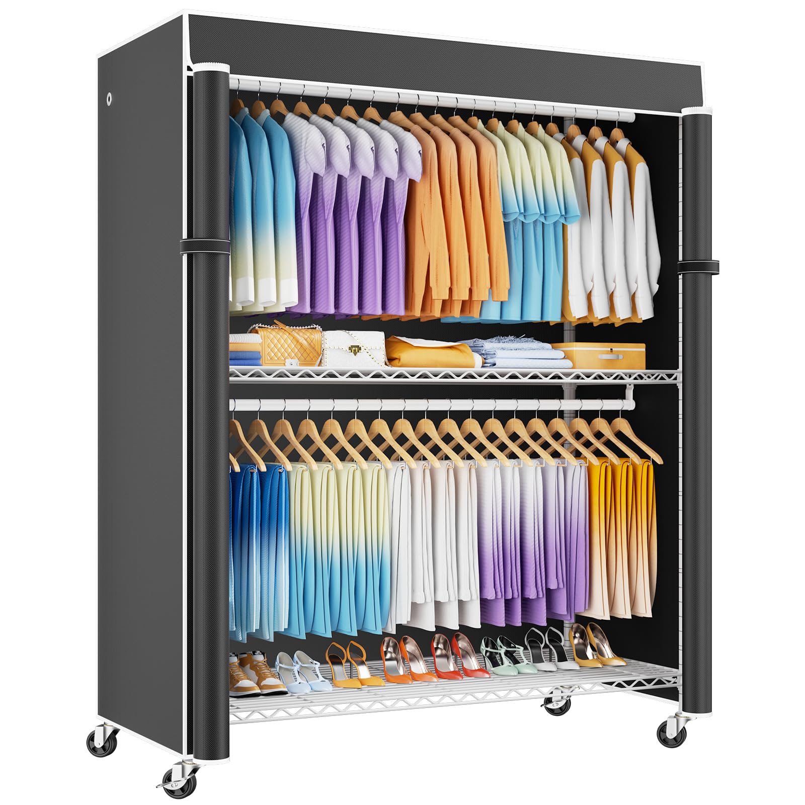 Photo 1 of ULIFHOME P8C Max Heavy Duty Clothes Rack?With Extended Width Design? Rolling Clothing Racks for Hanging Clothes with Lockable Wheels?51.2"W x 15.8"D x 80.5"H?Load 800LBS?White Rack with Black Cover