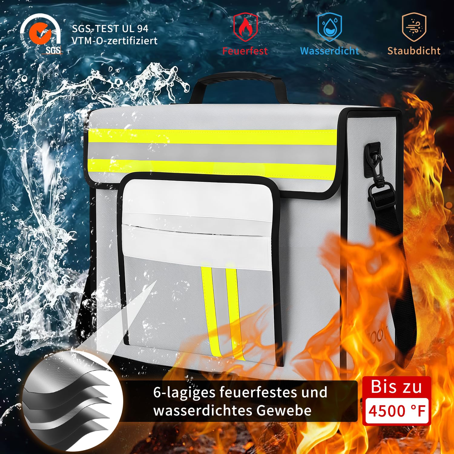 Borsa portadocumenti ignifuga e impermeabile, 6 strati, protezione antincendio, 43 x 30 x 13 cm, 4500 °C, con protezione per portafoglio, riflettente, per trovare la notte, protegge gli oggetti di