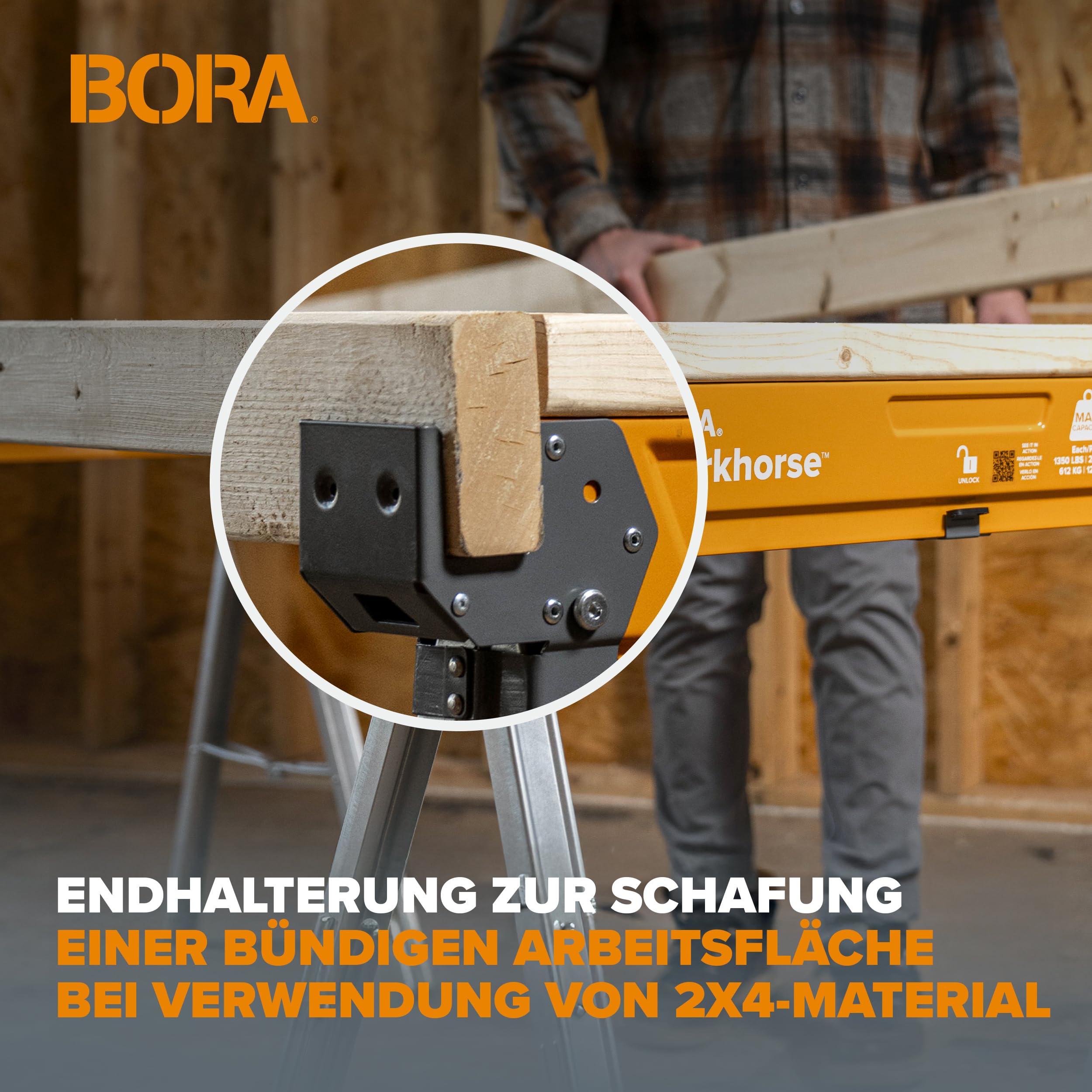 Bora Arbeitsböcke klappbar mit Stahlrahmen, 1225 kg Tragfähigkeit – Arbeitsbock 2er Set, höhenverstellbar, Sägebock klappbar, 2x4 Halterung – PM-3350T