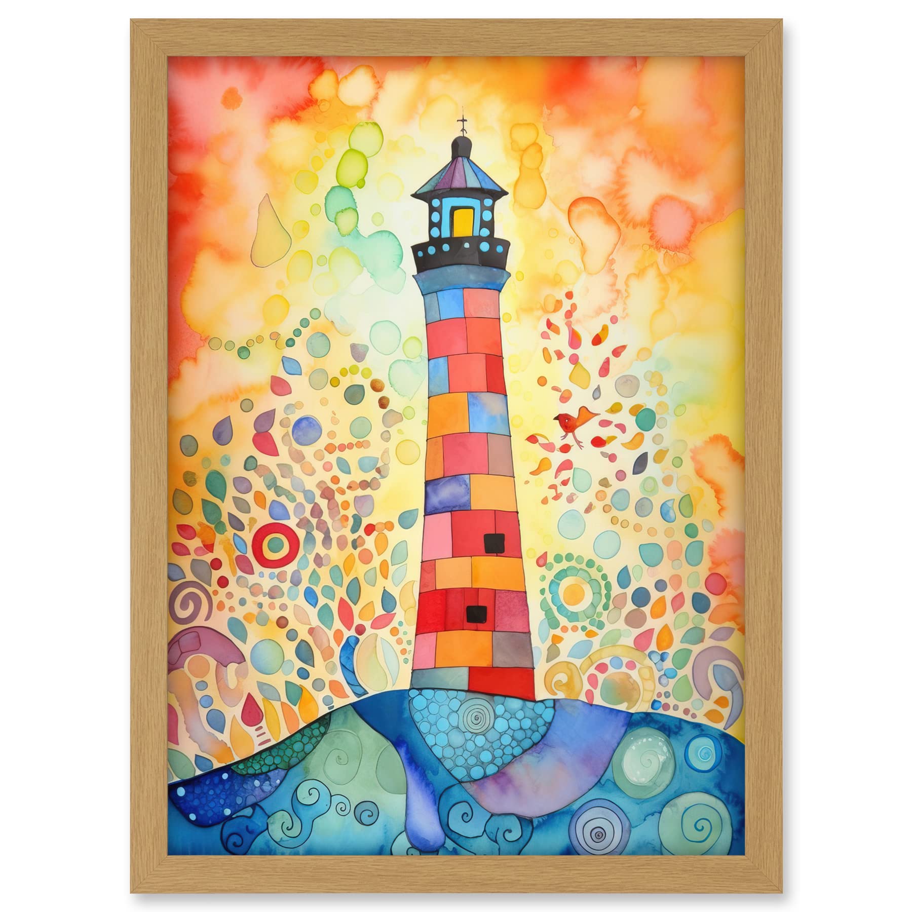 Artery8 Lighthouse At Sunset Dreamy Folk Art Watercolour Painting Artwork Framed A3 Wall Art Print
