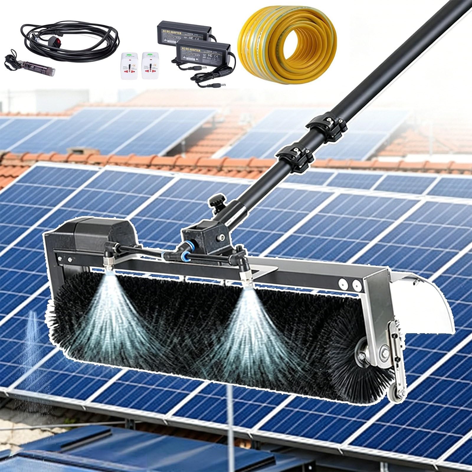SOTIKARERY Solar Panel Cleaning Kit, Electric Solar Panel Cleaner,Telescopic Window Roof Cleaner Water Fed, Low Speed/High Speed Mode,600 mm Cleaning Width,Automatic Water Supply 5.5m/18ft