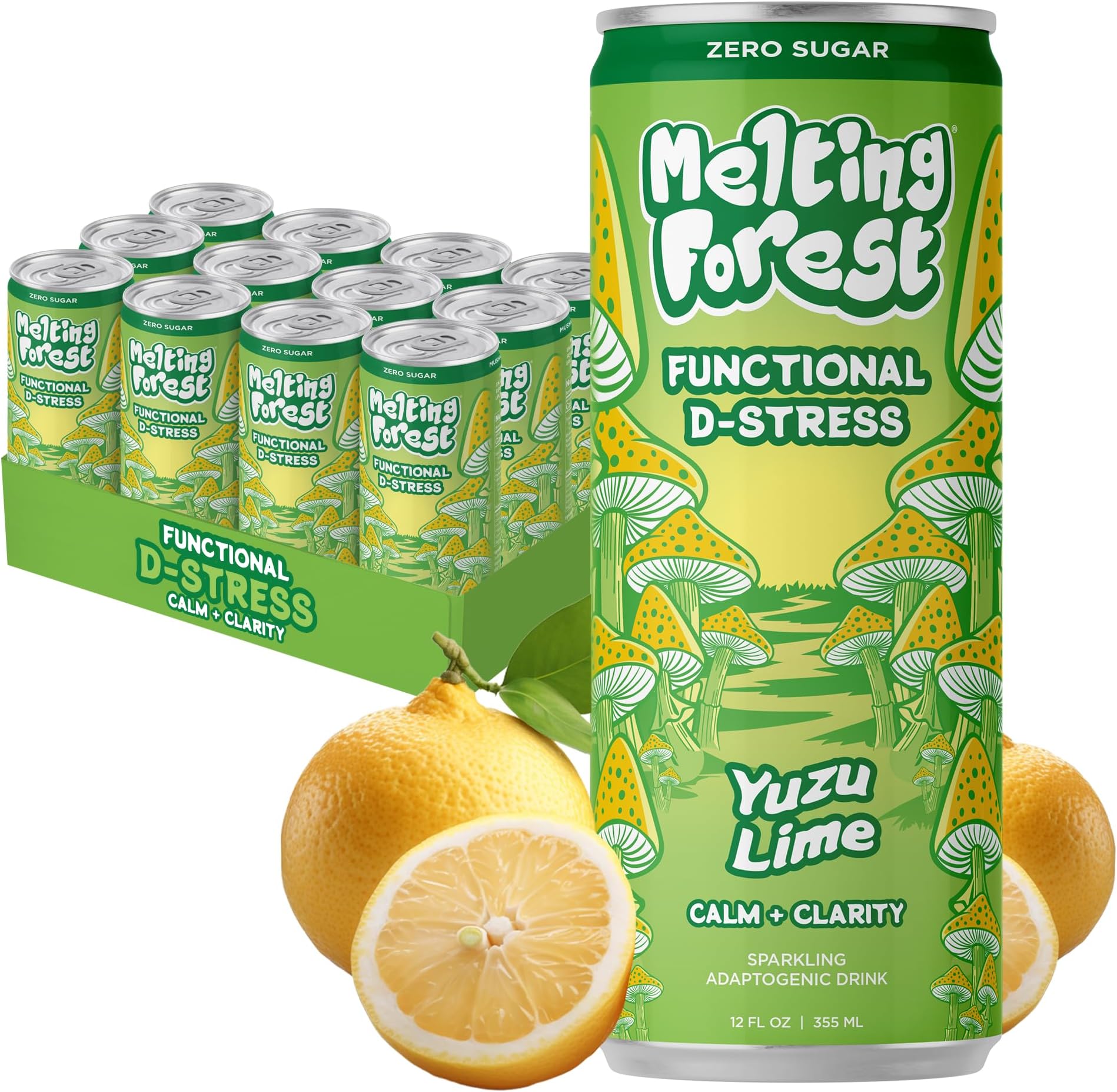 Melting Forest Mushroom D-Stress, Sparkling Adaptogen Drink with L-Theanine, Reishi, Lion's Mane and Magnesium, Zero Sugar, 5 Calories, Yuzu Lime (12-Pack)