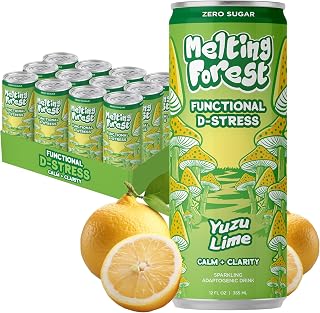 Melting Forest Mushroom D-Stress, Sparkling Adaptogen Drink with L-Theanine, Lion's Mane and Vitamin B, Zero Sugar, 5 Calories, Yuzu Lime (12-Pack)