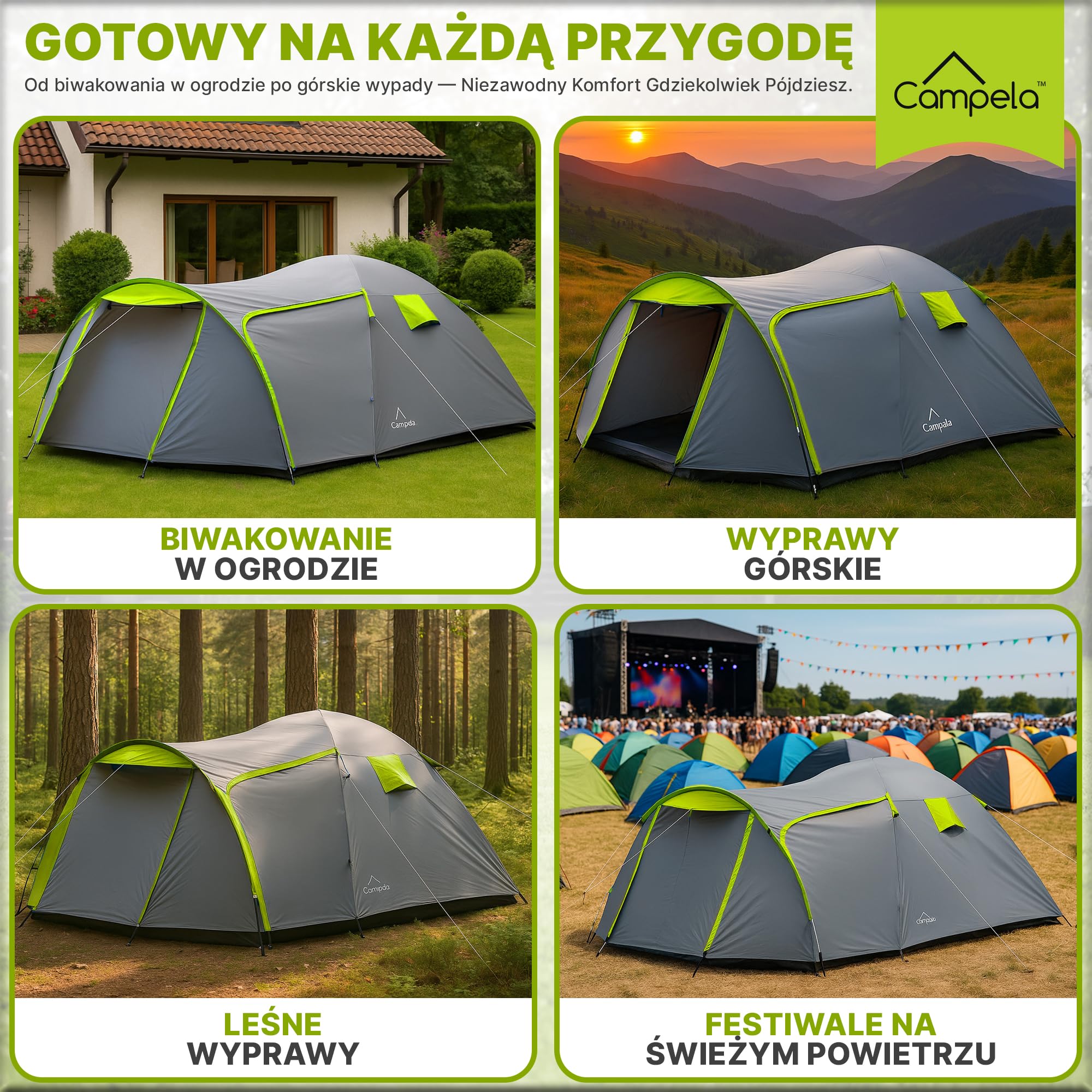 CA0013 Tropical Namiot turystyczny, rodzinny, dla 3-4 osób, wodoszczelny (3000 m), klejone szwy (zielony)