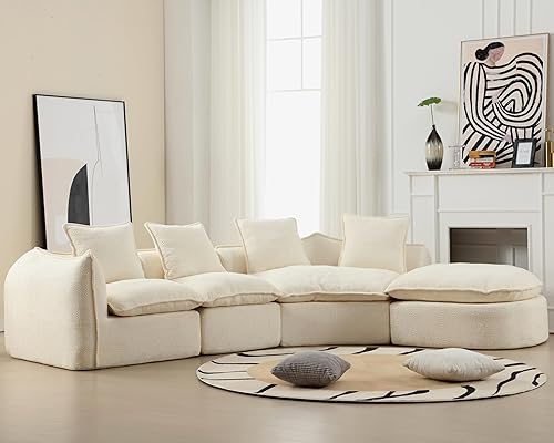 Miniatura 3 de Sofá curvo Boucle de 137.8 pulgadas, moderno sofá modular con asiento profundo de nube con 4 almohadas, cómodos sofás modulares de 5 asientos para
