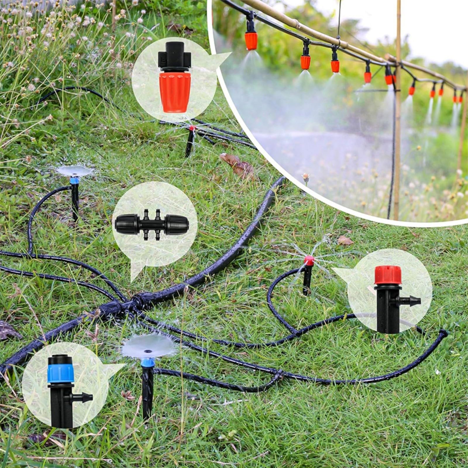Kit de riego automático por goteo para sistema de riego de invernadero de 15 m, con rociadores ajustables, para césped, patio, plantas, nebulización, refrigeración agrícola (30 m)