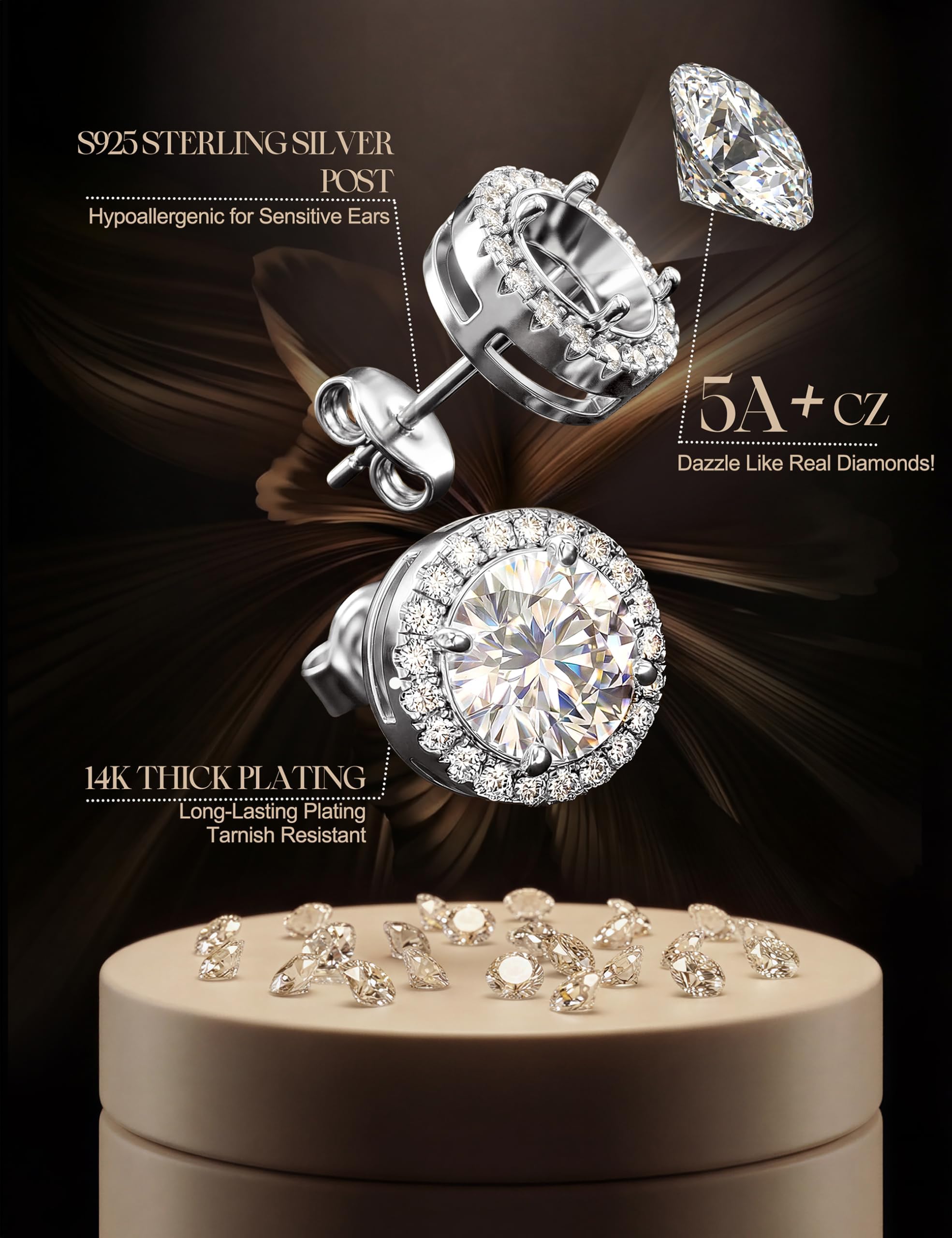 Morfetto Ohrstecker Silber 925 Damen Herren - 5 Paar 14K Vergoldet Hypoallergene Ohrringe Gold Stecker Herren Ohrring Runde Quadratische Brillantem Cubic Zirkonia Ohrstecker Set