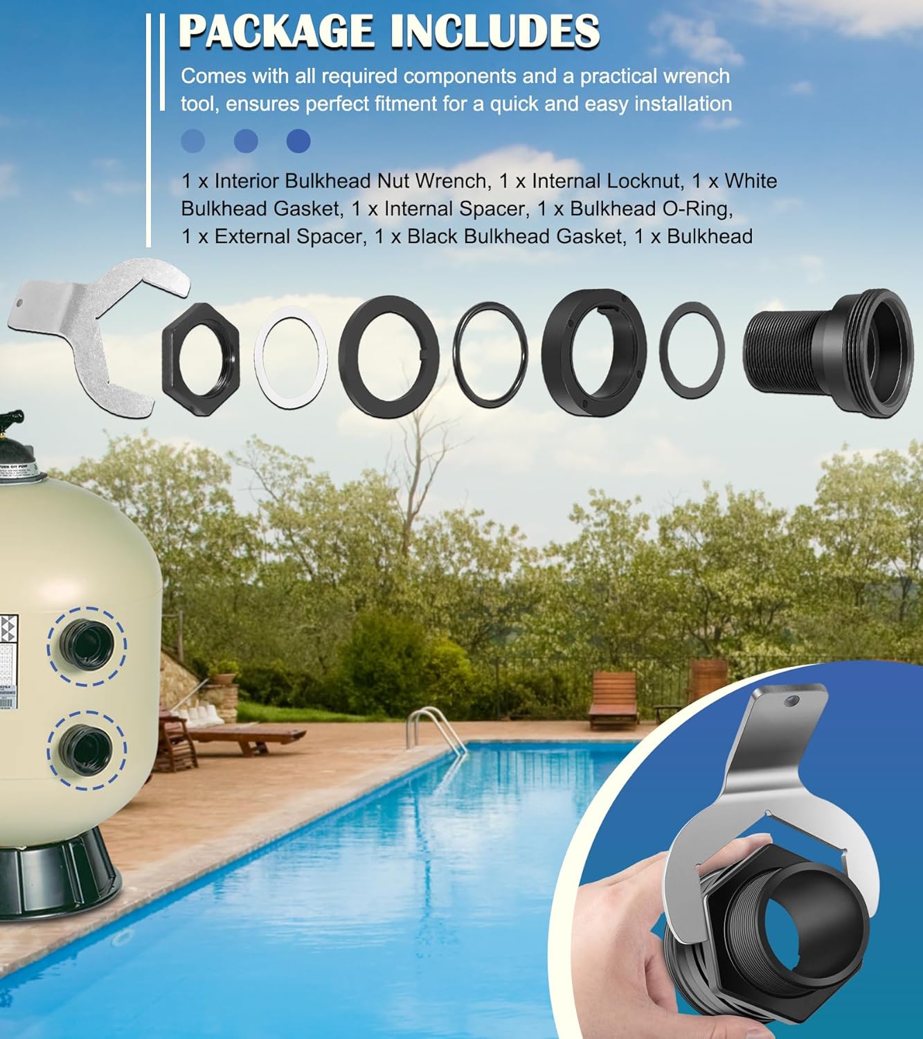 Bonbo 154714 2-Inch Bulkhead Replacement Kit + 151602 Interior Bulkhead Nut Metal Wrench Fits for PacFab Triton II Pool and Spa Sand Filters TR40 TR50 TR60 TR100 TR140