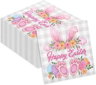 Honoson 100 Pcs Easter Paper Cocktail Napkins Bunny Disposable Rabbit Floral Luncheon Dinner Beverage Napkins for Spring Easter Party Supplies Favors Birthday Table Decoration
