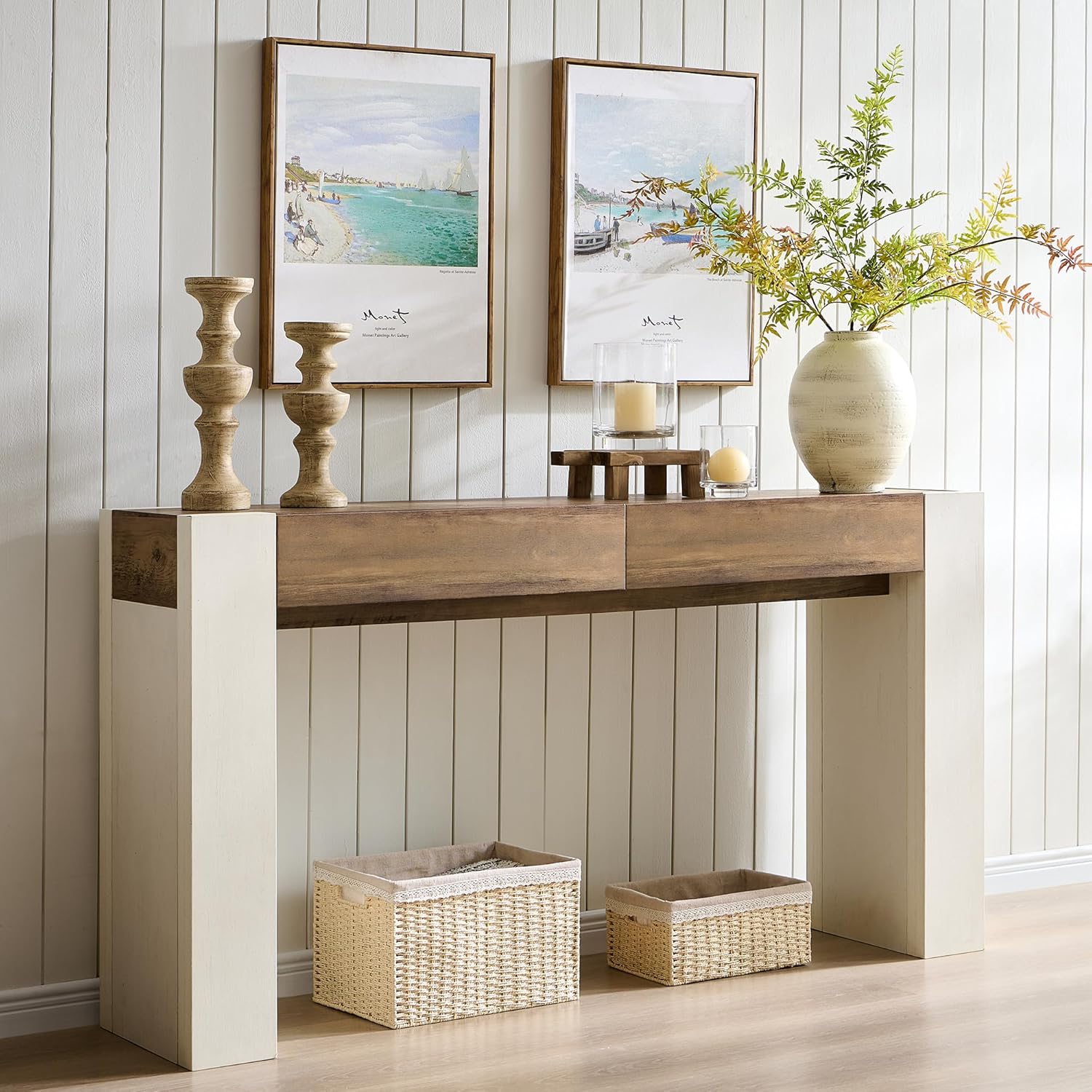 OKD Modern Entryway Console Table, Sofa Table with Drawers, 63" Long Hall Table Behind Couch, Thick Wood Design for Living Room, Hallway - Antique White