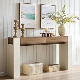 OKD Modern Entryway Console Table, Sofa Table with Drawers, 63" Long Hall Table Behind Couch, Thick Wood Design for Living Room, Hallway - Antique White