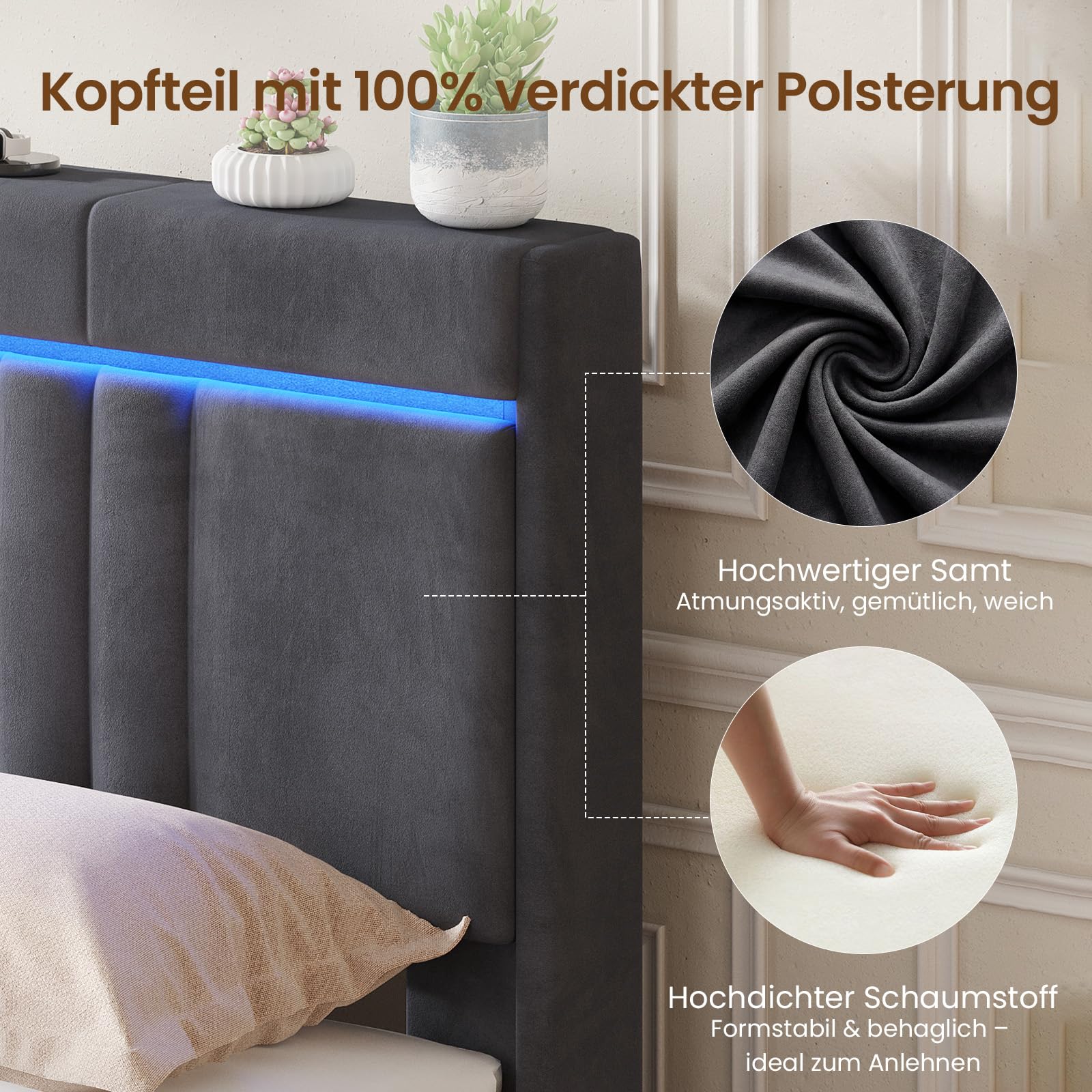 AOGLLATI Letto Matrimoniale con Contenitore 140x200 Letto Contenitore Matrimoniale Con LED Letto Contenitore Idraulico con Stazione Di Ricarica Struttura Letto con Testiera Imbottita Velluto Grigio