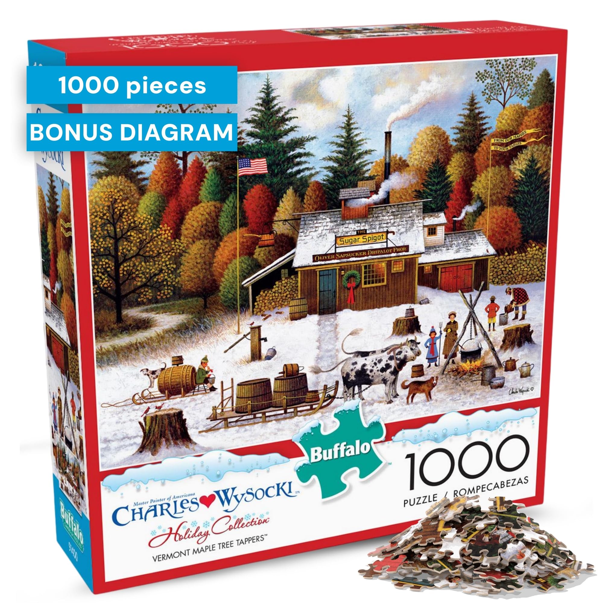 Buffalo Games - Vermont Maple Tree Tappers - Charles Wysocki - 1000 Piece Seasonal Jigsaw Puzzle - Fall Winter Puzzles for Adults - Premium Puzzle with Poster - Finished Size 26.75 x 19.75 Made in USA