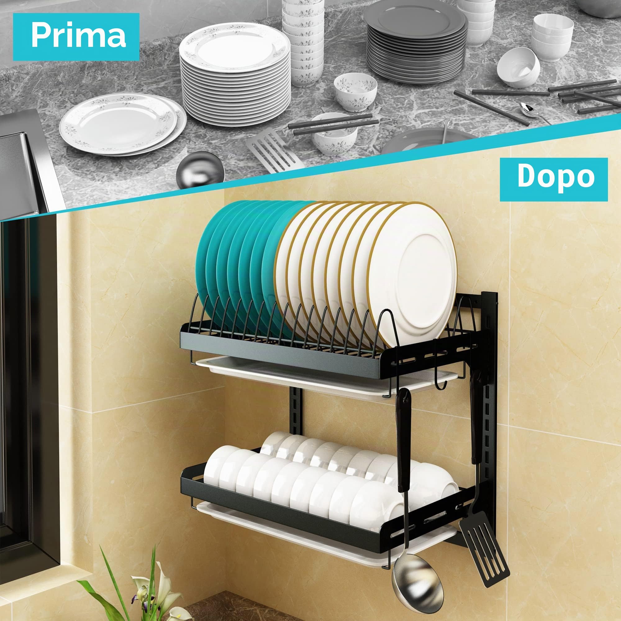 Stendino per piatti in acciaio inox a parete Cesto per frutta e verdura con scolapiatti e bacchette appese Gabbia Supporto per coltelli da cucina Mensola Utensili Organizer (2 livelli)