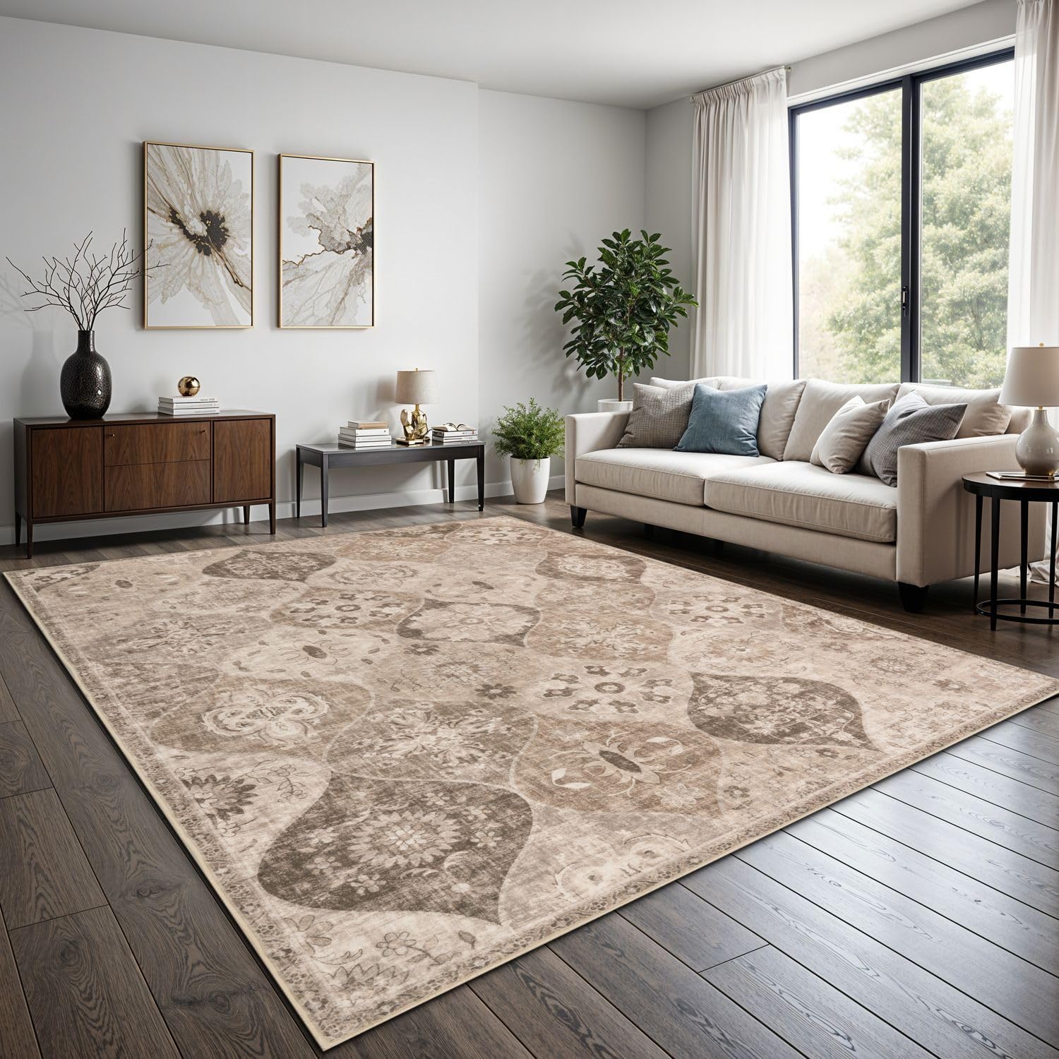 Tapis boho vintage taupe 80x150 pour salon moderne et entrée lavable
