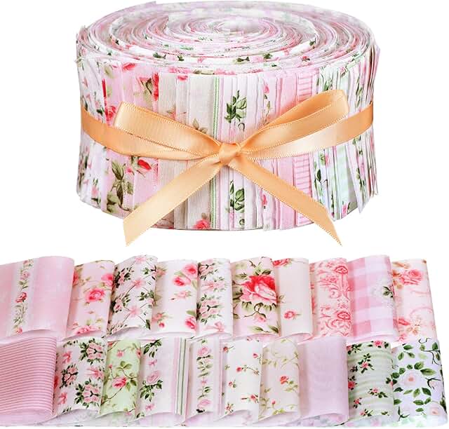 100 Pcs Spring Floral Fabric Strips Cotton Pink Floral Jelly Fabric Bund...
