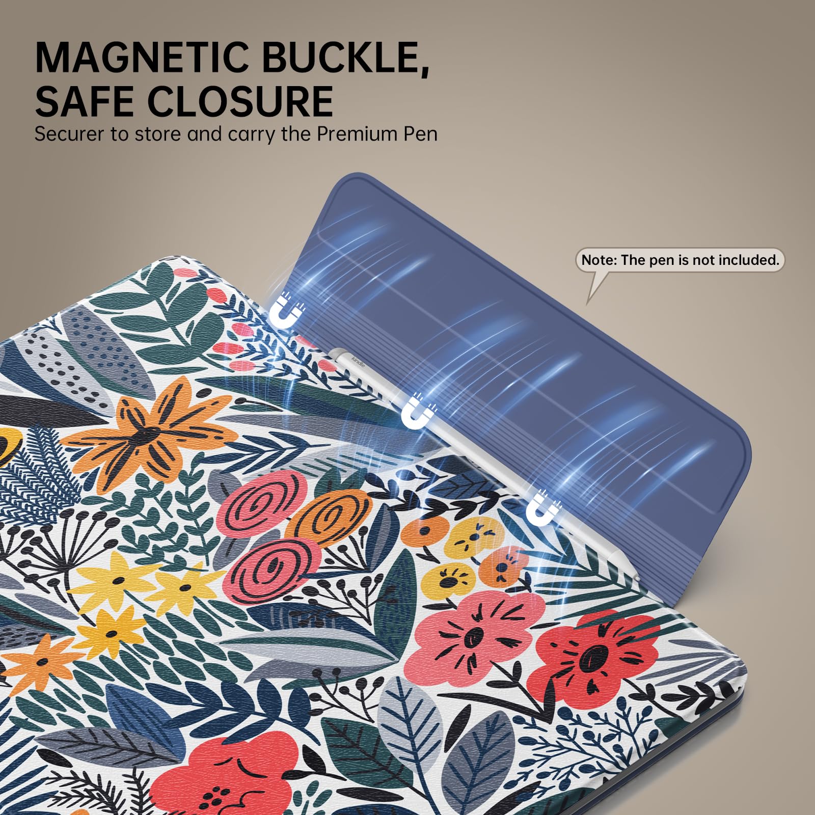 Moko Funda Magnética para Kindle Scribe 11" (3ª Generación),Flor. Hoj. AZ. | y Kindle Scribe Colorsoft (1ª Generación), Funda de Folio Premium de PU con Cierre de lápiz y Auto Sueño/Estela