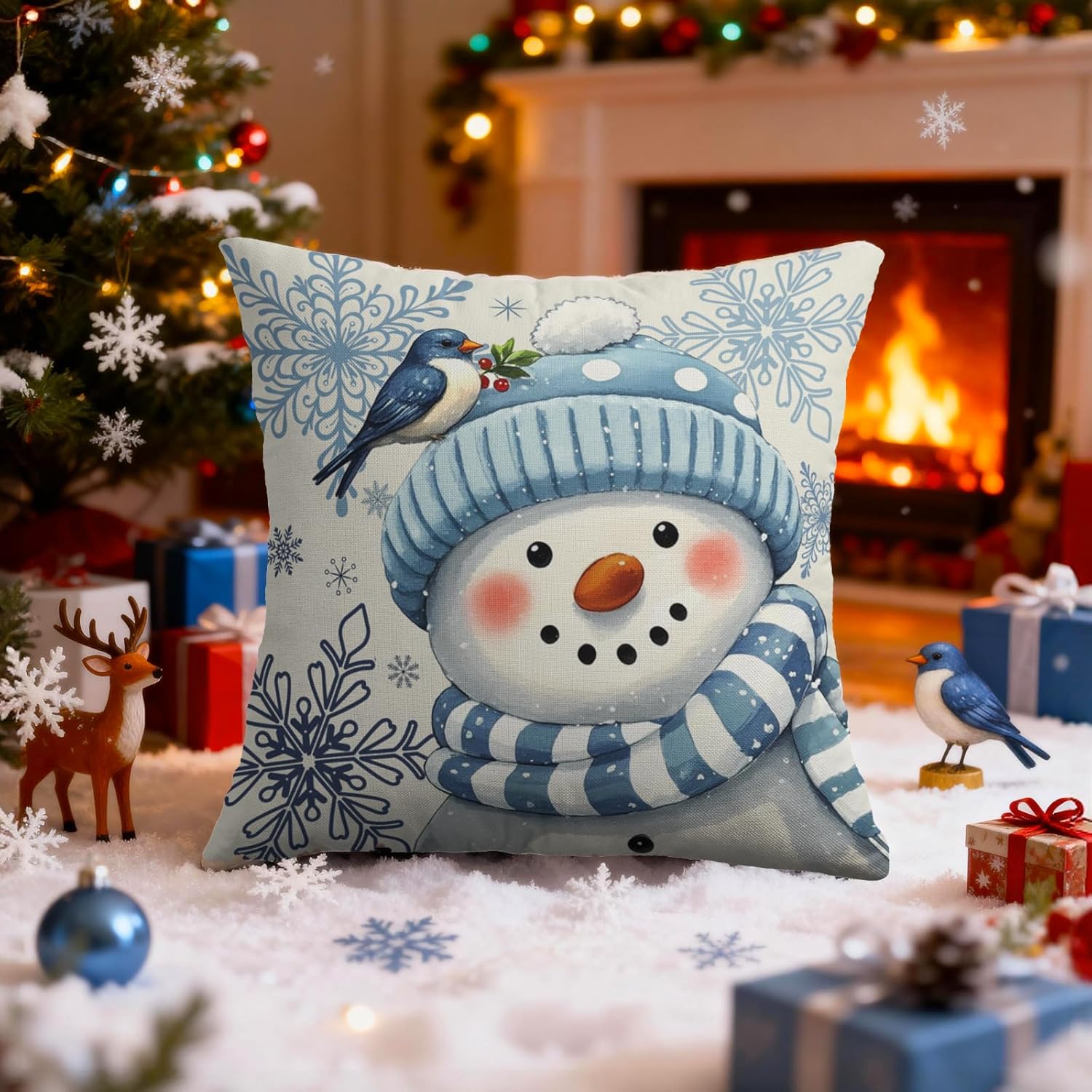 Winter Snowman Pillow Covers 24X24 Set of 2, Blue White Christmas Snowflake Bird Xmas Holiday Theme Decorative Throw Pillowcases Outdoor Farmhouse Seasonal Cushion Cases Couch Sofa Bed Decor
