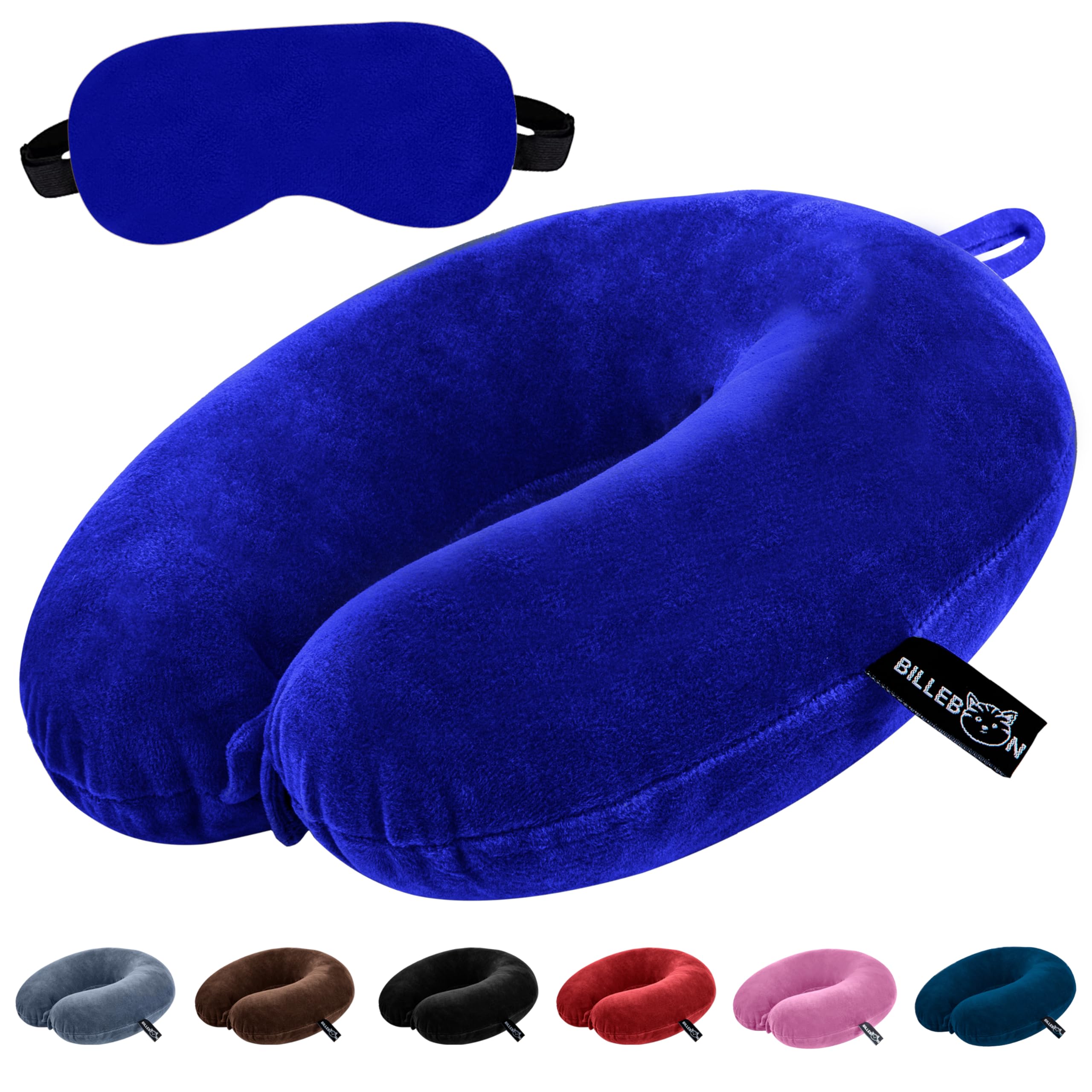 Billebon Premium Neck Pillow Eye Mask Combo Airplane Travel Pillow with Comfortable Velvet Sleeping Eyemask Head Rest Pillow & 30 Years Warranty (Royal Blue with Eye Mask)