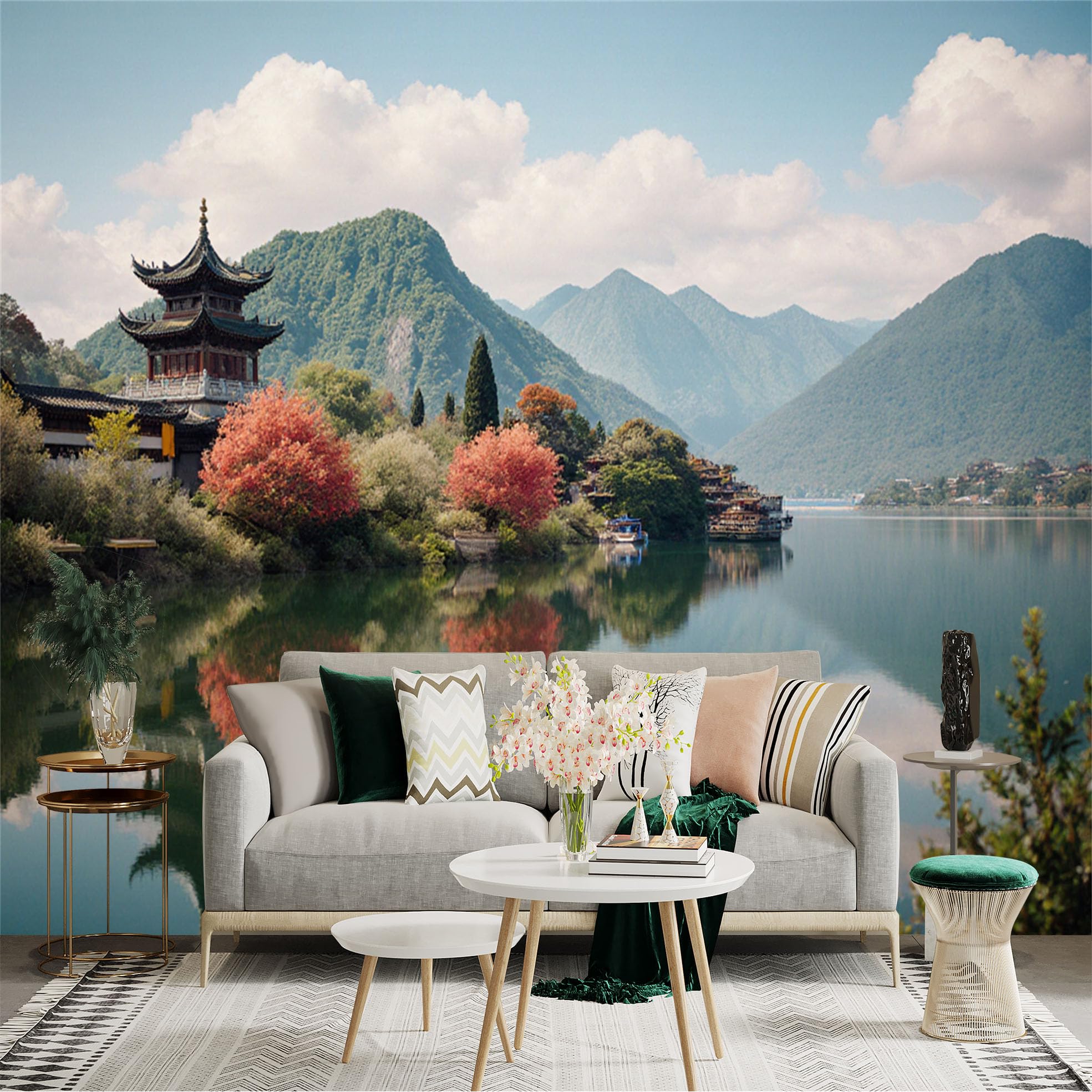 Custom Size Wall Sticker Mural， Tranquil Lake with Traditional Pagoda， Autumn Trees and Mountain Reflections， for wall Decoration， peelandstick wall Decals.