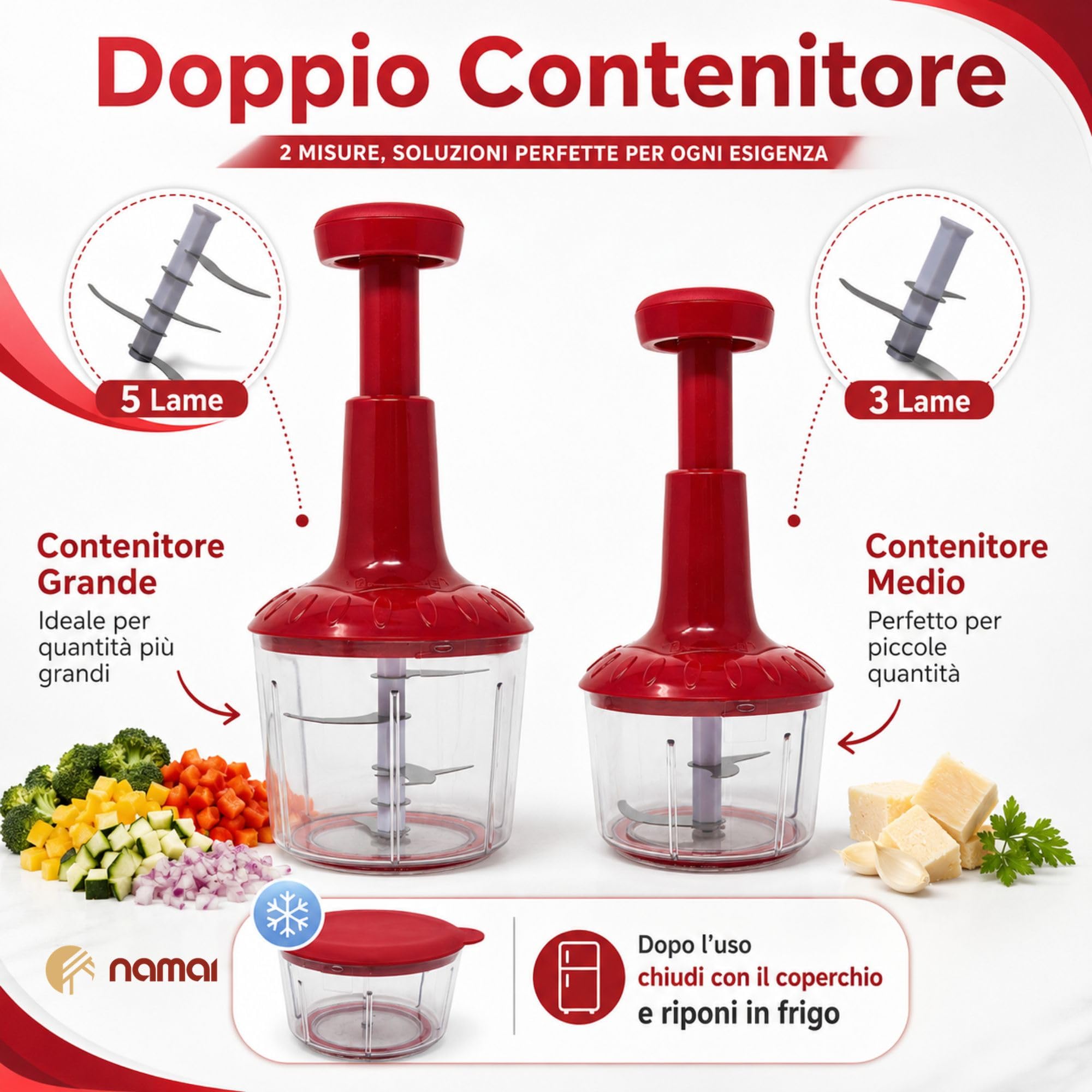 NAMAI - Tritatutto Manuale 5 Lame, 2 Contenitori, Mixer, Utile e Pratico | Lavabile In Lavastoviglie, Sicuro, Facile Da Usare, Ecologico