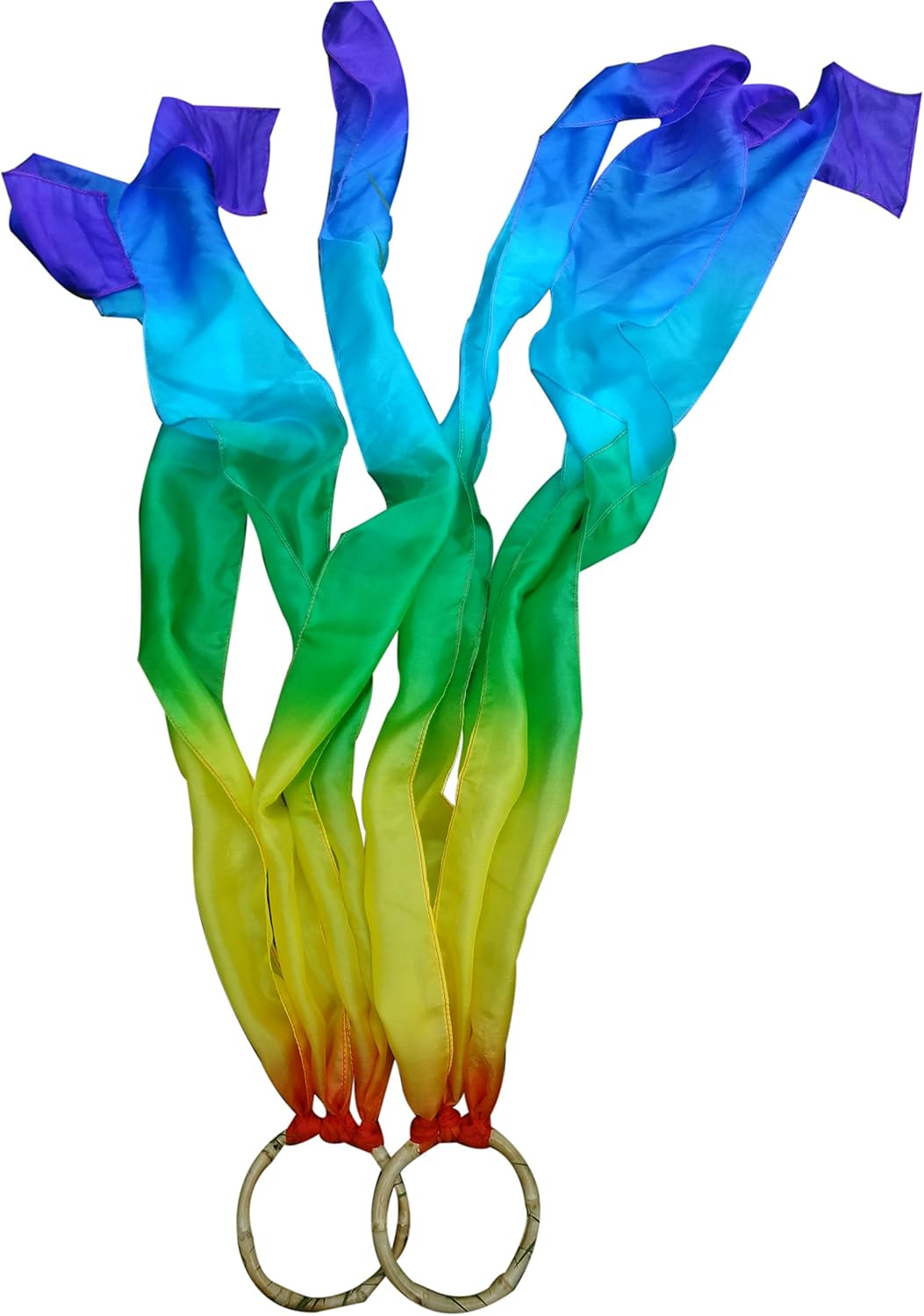 Winged Sirenny Silk Hand Kite Runners (Set of 2) – Flowing Silk Ribbon Props with Bamboo Rings for Dance, Decor, or Movement Arts (Rainbow)