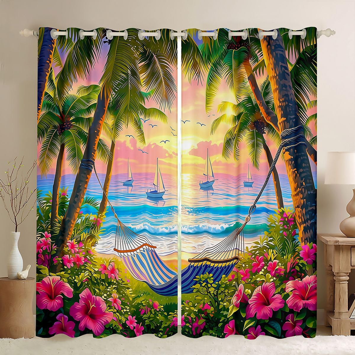 Rideau Palmier Tropical et Voilage Plage pour Salon Ambiance Mer