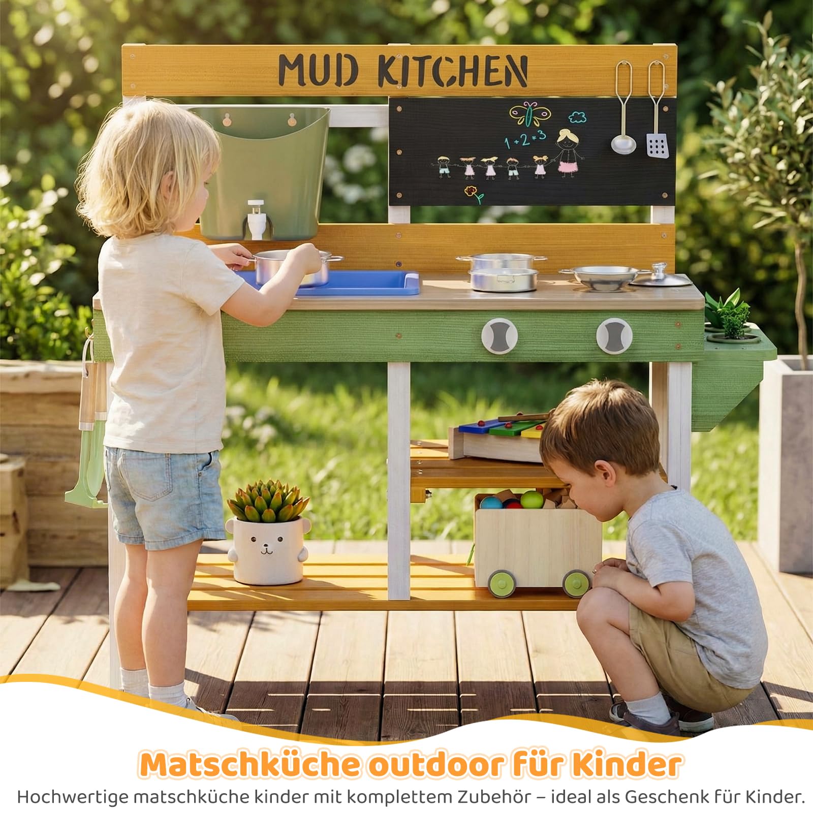 MAMIZO Cucina per Bambini da Esterno, Cucina da Giardino in Legno con Rubinetto Funzionante, 2PCS Vasi per Piante, Attrezzi da Giardino, Lavagna e Ripiani, 93x37x88 cm, per Bambini +3 Anni